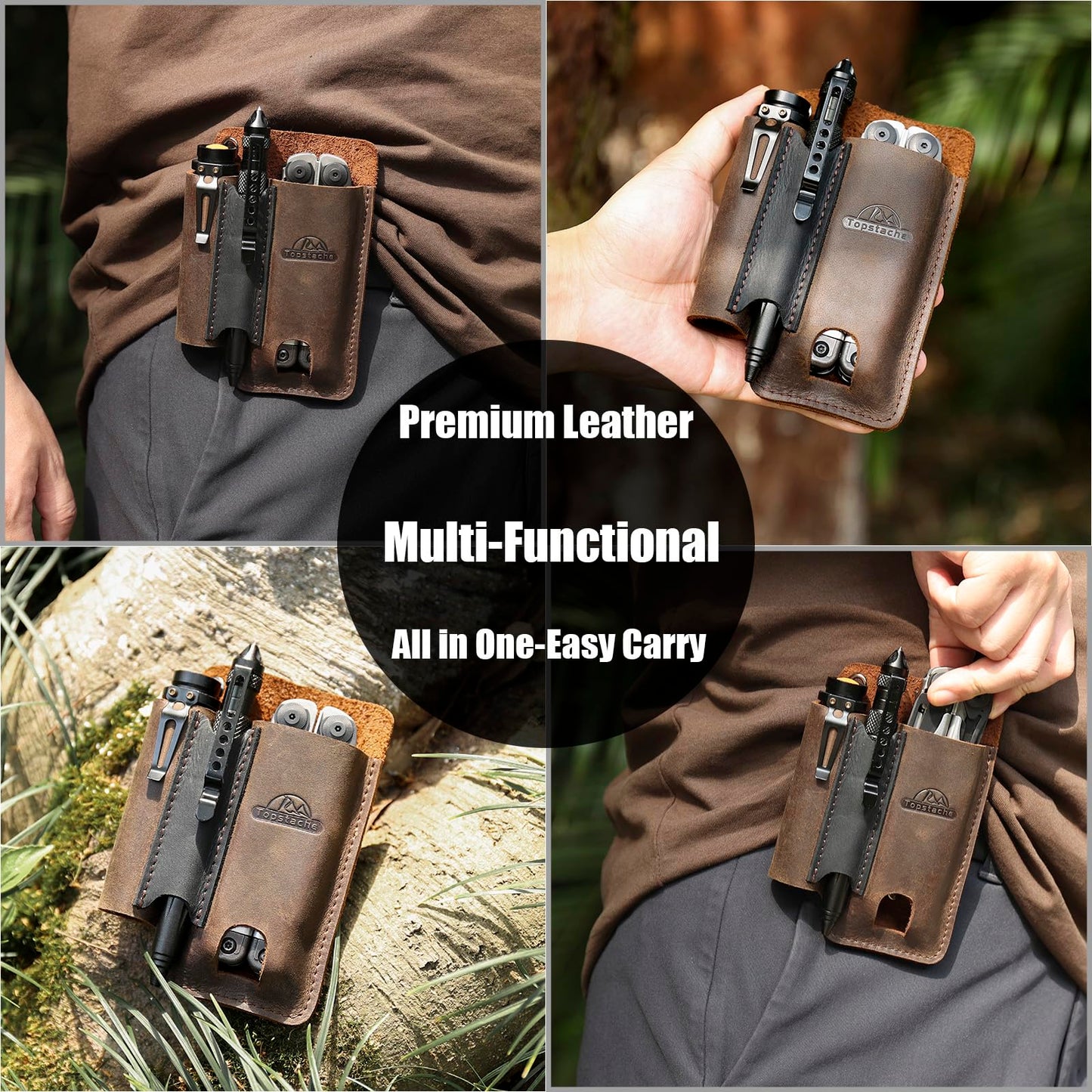 Topstache Leather Multitool Sheath with Belt Clip - Multi Tool Holster for Belt - EDC Belt Organizer Fits Multitool, Flashlight, Pen - Leather EDC Pouch, DarkBrown