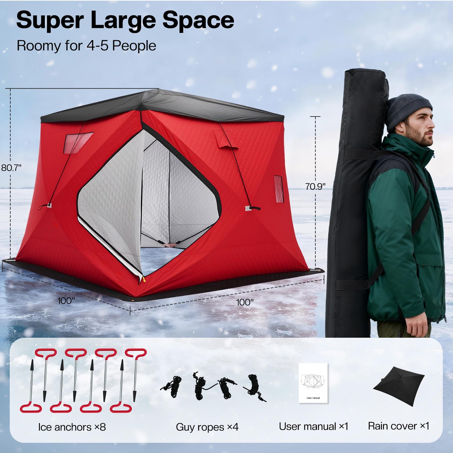 Albott Insulated Pop-Up Ice Fishing Tent, 4–5 Person Ice Shanty with 3-Layer Oxford Fabric, Waterproof Cover, Chimney Vent, Anchors & Ropes, Portable Warm Shelter with Carry Bag
