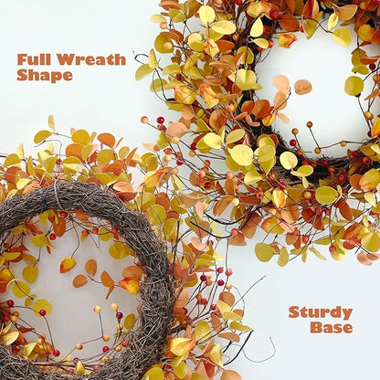 24 Inch Fall Wreath for Front Door Berry Autumn Wreath with Yellow and Orange Leaves, Large Grapevine Wreaths for Fall Door Decor Farmhouse Wall Window Home Decoration