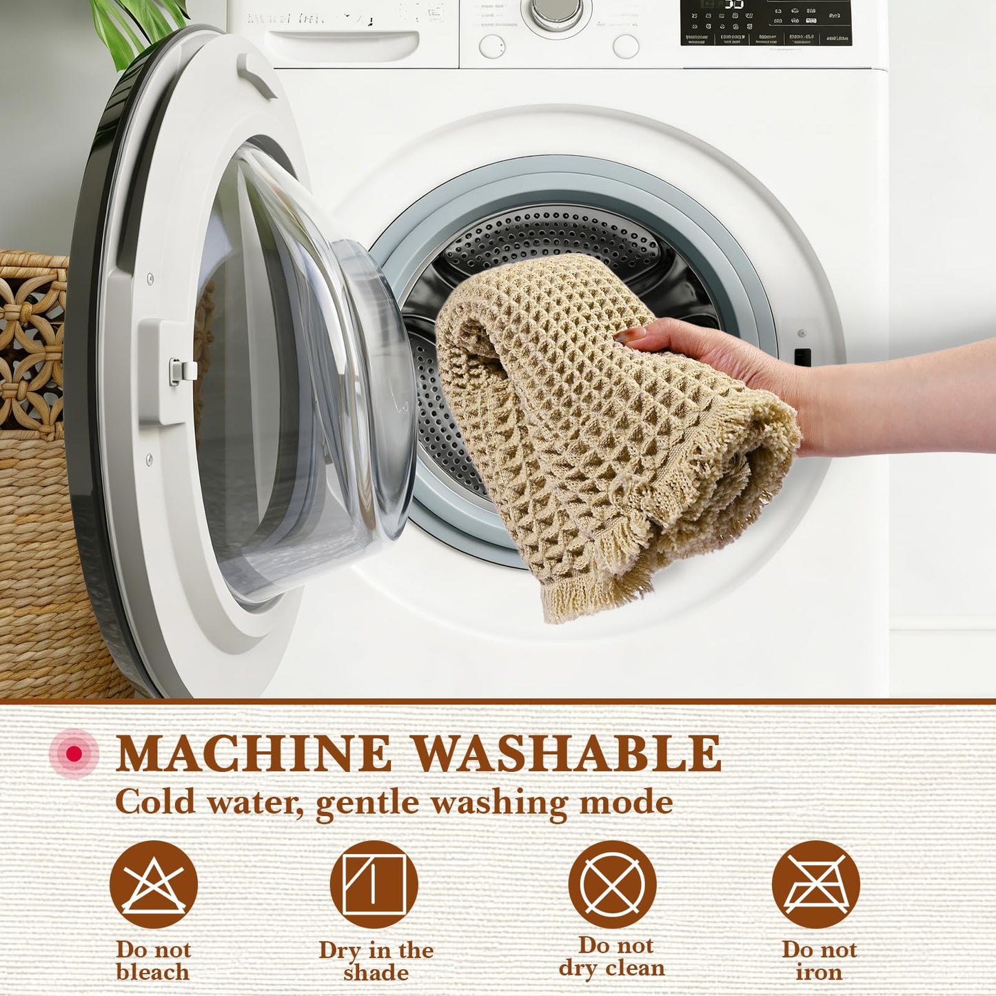 Waffle Bath Mat, Modern Woven Absorbent Non Slip Bathroom Rugs, Machine Washable Bath Rugs, Quick-Drying Bathroom Mats, Boho Tassel Style Suitable For Bathroom Floor, Brown, 24"X17"+36"X24"+48"X24"