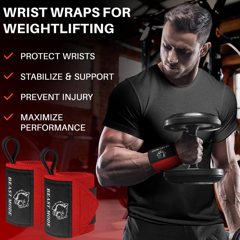 TECEUM Weightlifting Wrist Wraps with Thumb Loop – Red – Beast Mode – 12 inch – Heavy-Duty Workout Wrist Support & Protection – Ideal for Powerlifting, Strength Training, Bodybuilding
