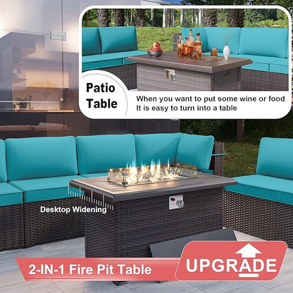 Kurapika 13 Pieces Patio Furniture Set, Rattan Wicker Outdoor Conversation Sets w/43in Propane Fire Pit Table(Blue)