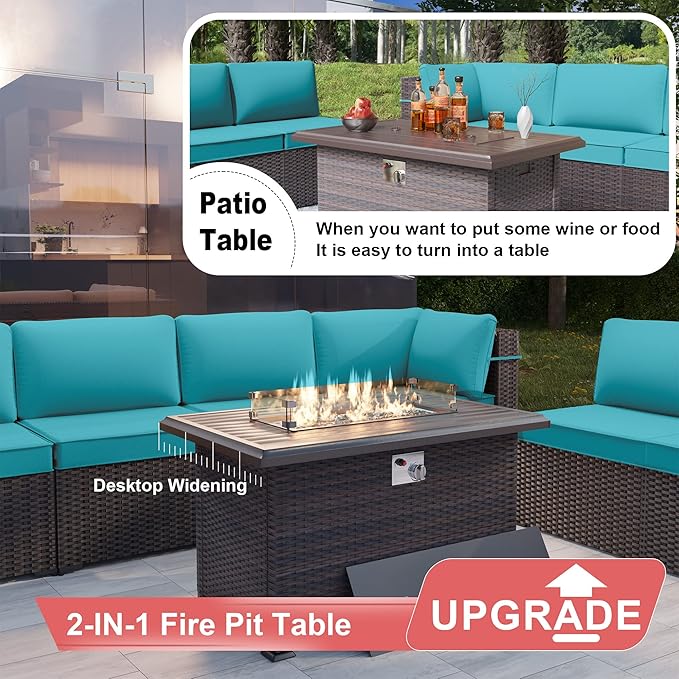 Kurapika 13 Pieces Patio Furniture Set, Rattan Wicker Outdoor Conversation Sets w/43in Propane Fire Pit Table and 4 Inch Cushion(Blue)