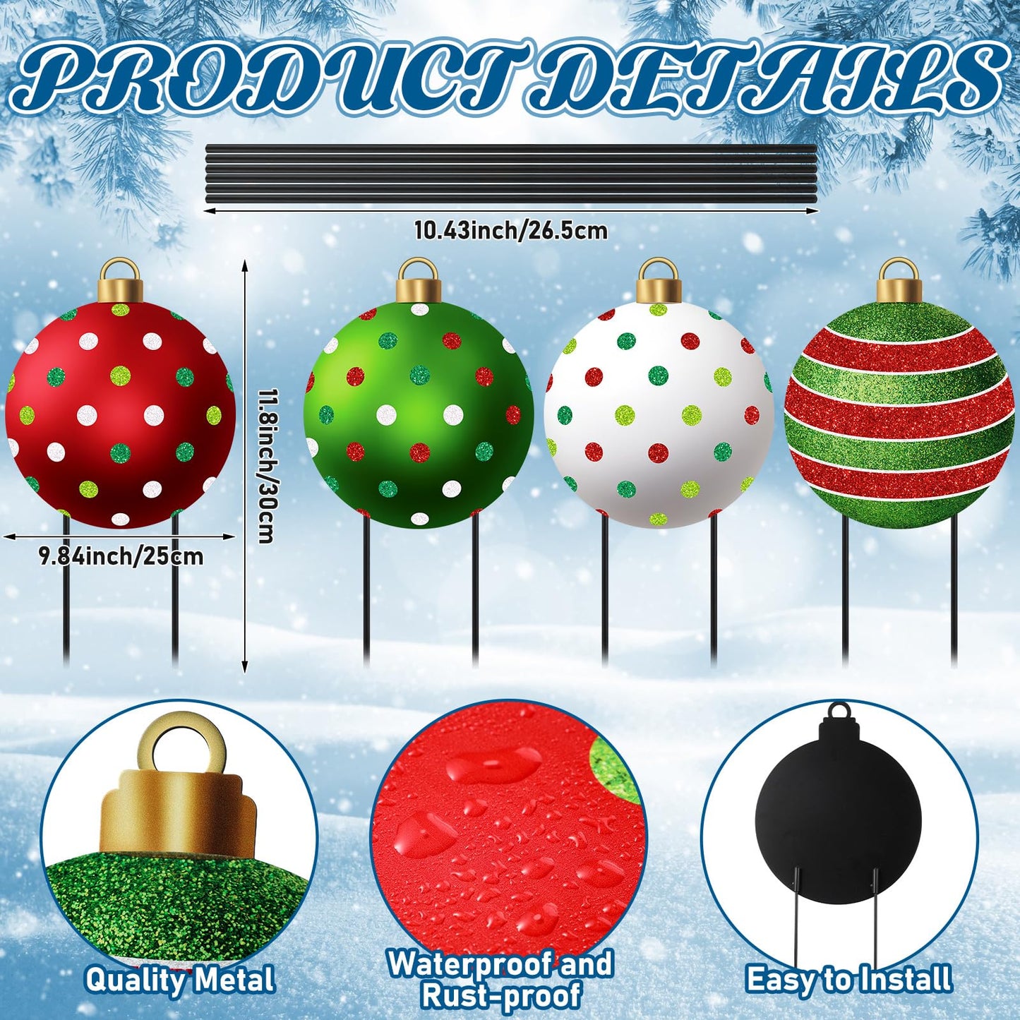 Nuanchu 4 Pcs Metal Christmas Balls Yard Signs Glitter Xmas Yard Sign Stake 21.3 Inches Xmas Waterproof Lawn Signs Christmas Outdoor Decorations for Outside Garden Patio Holiday Home Party Decor