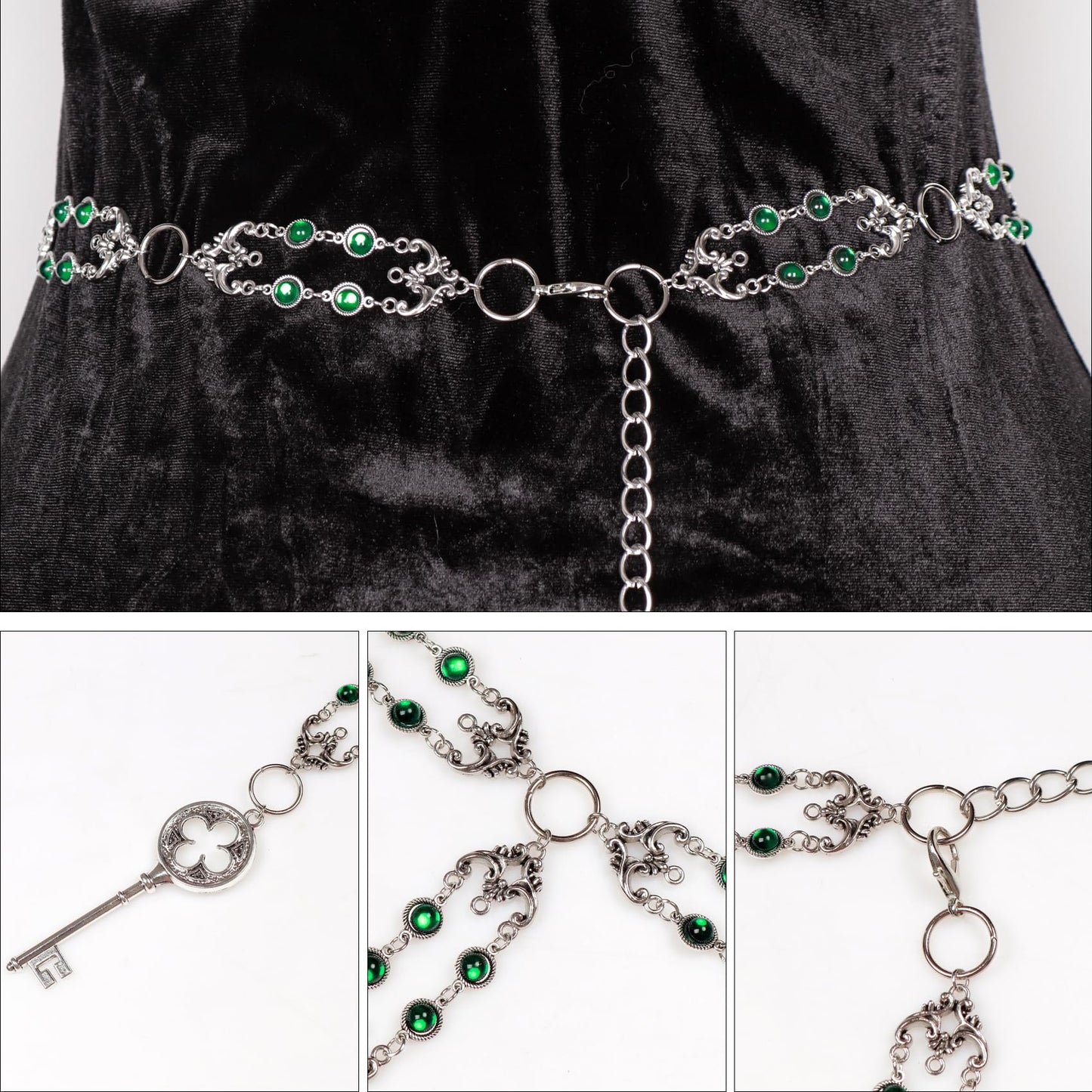 L'VOW Women Renaissance Belt Viking Witch Belt Green Waist Metal Chain Belt for Medieval Dresses