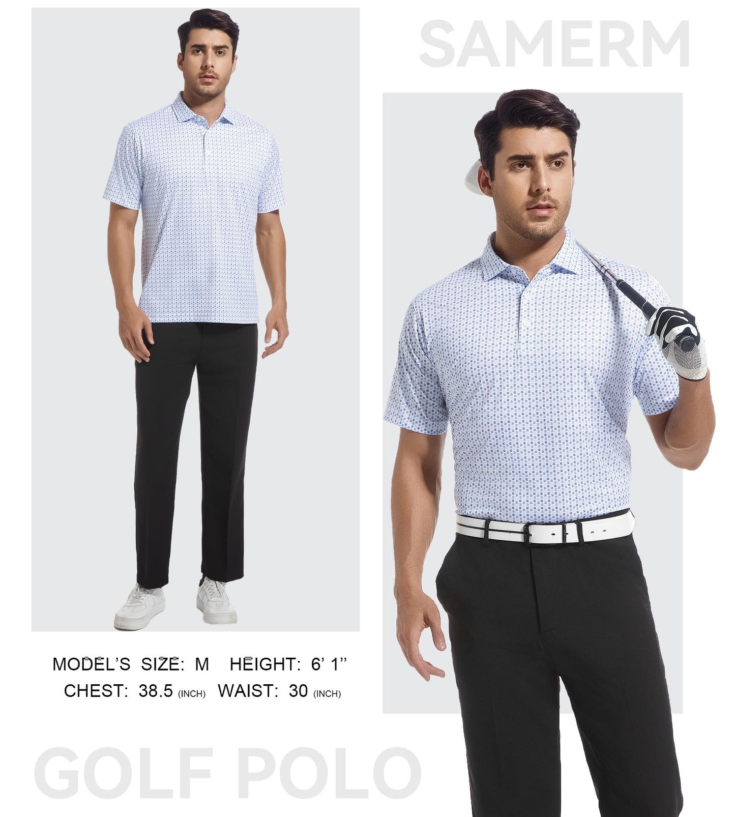 SAMERM Mens Golf Shirts Short Sleeve Dry Fit Performance Moisture Wicking Print Sport Polo Shirts for Men Casual，White U，XL