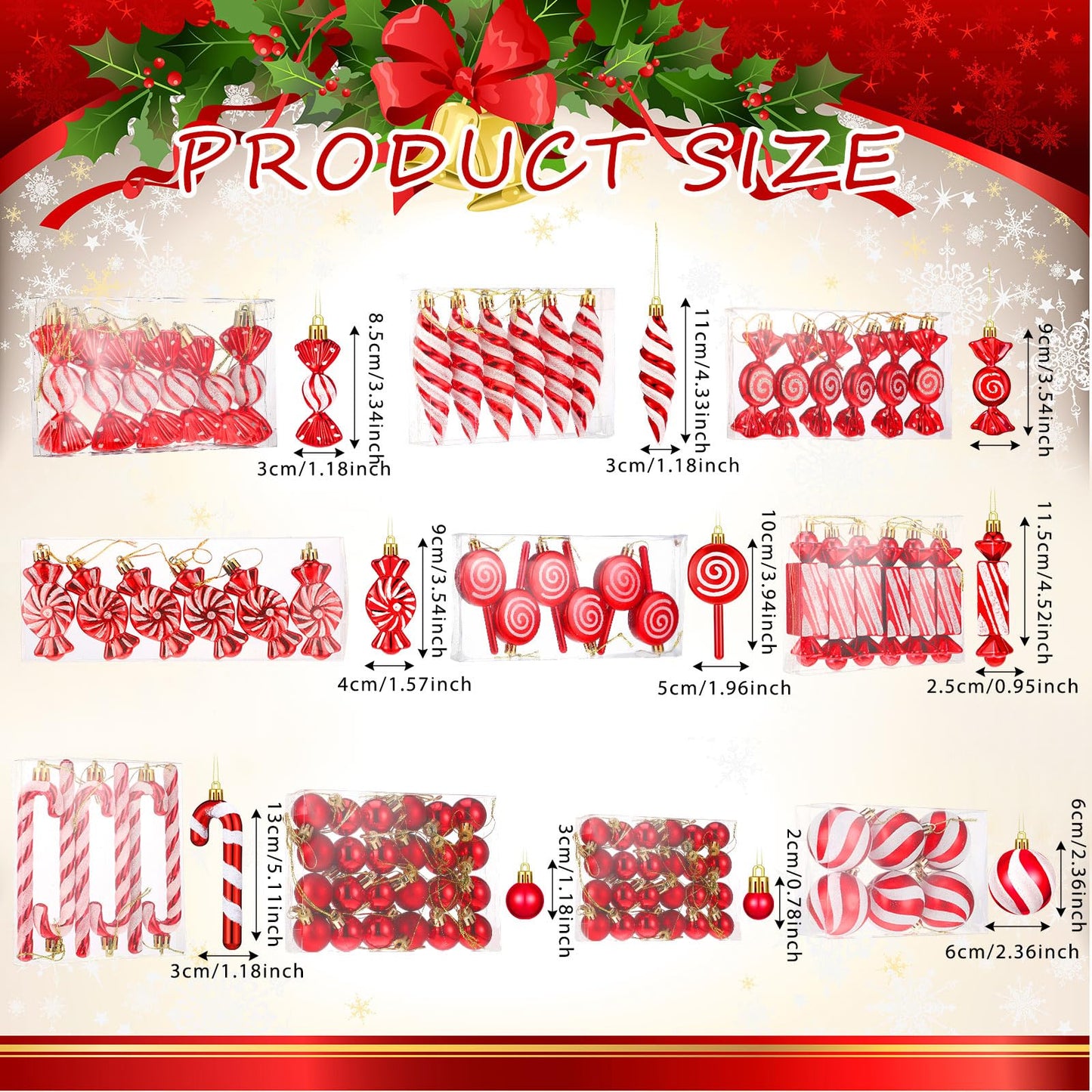 96 Pcs Christmas Tree Ornaments Candy Ball Ornaments Bulk Red and White Hanging Glitter Candy Cane Decorations Christmas Tree Peppermint Swirl Lollipop Decorations for Xmas Party Family Decor