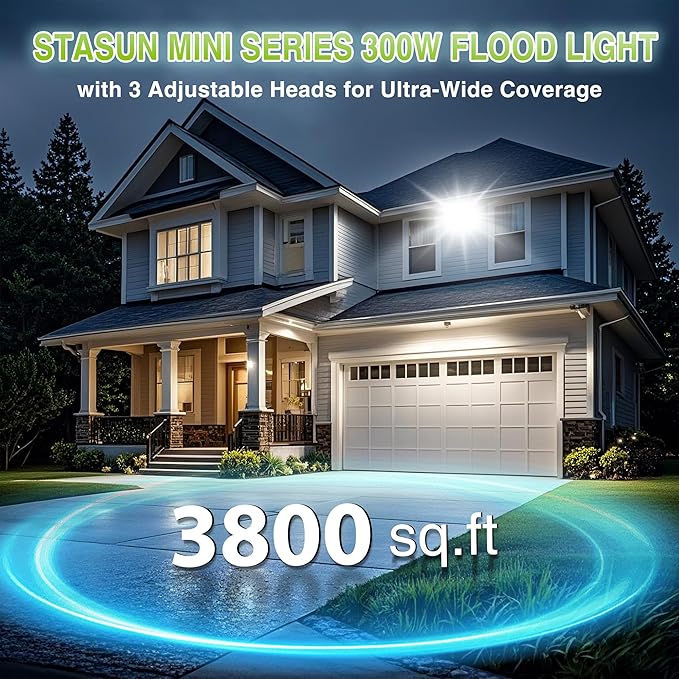 STASUN 300W LED Flood Light, Mini Series Outdoor Floodlight, 30000LM 6000K Daylight White, IP66 Waterproof, 3 Adjustable Heads, Exterior Flood Lights for Backyard, Driveway, Garage, Patio, Barn