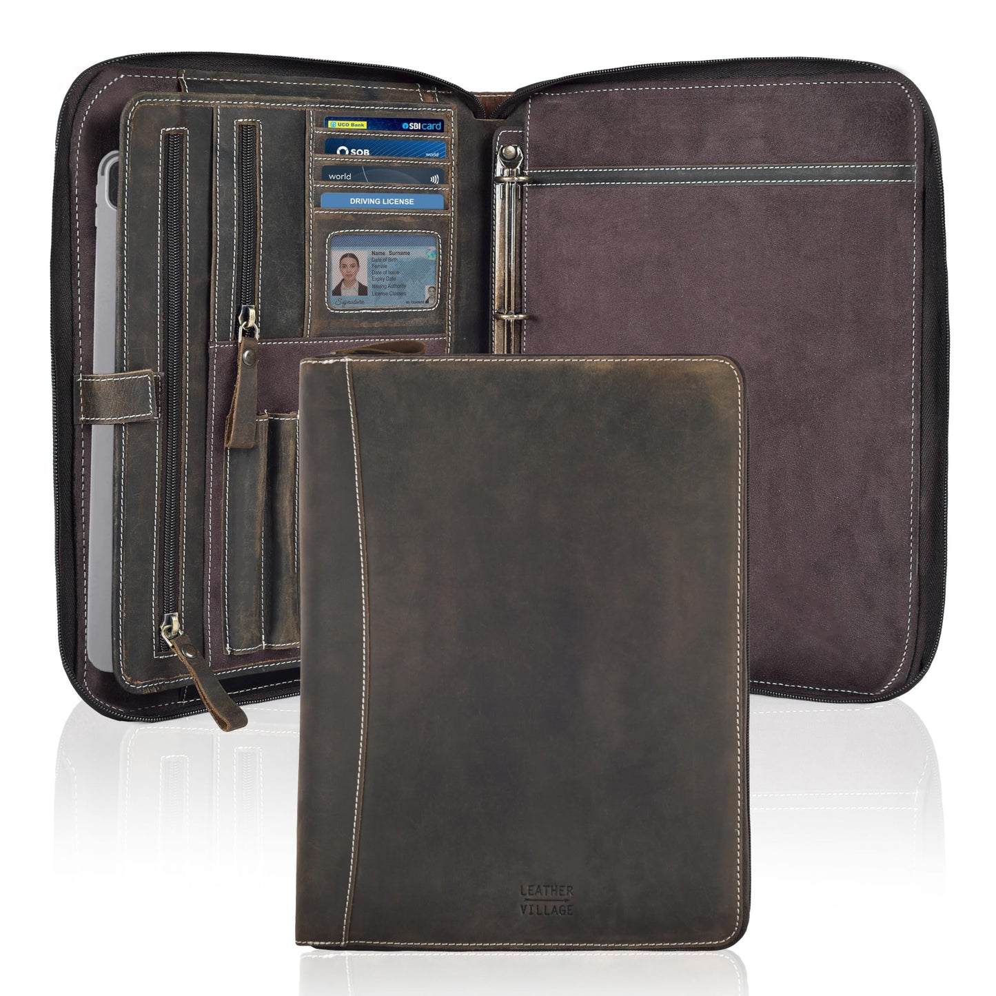 LEATHER VILLAGE Genuine Leather Zipper Portfolio Organizer - Professional Business 4 Ring Binder Padfolio Binder for Documents, Cards, iPad, Tablet, Phone, Resume Folder, Folio for Men & Women -Brown