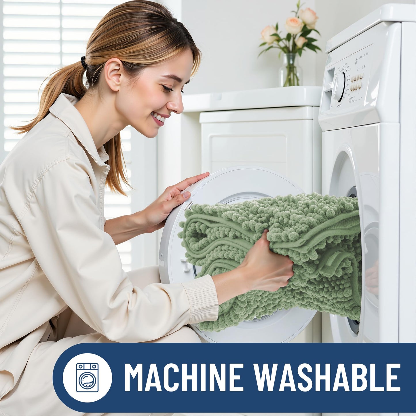 Smiry Bathroom Rugs Sets 3 Piece, Soft Absorbent, Non Slip Rubber Backing Machine Washable Quick Dry Chenille Bath Rug Set for Tub, Shower, and Floor (30"x20"+24"x16"+24"x20", Sage Green)