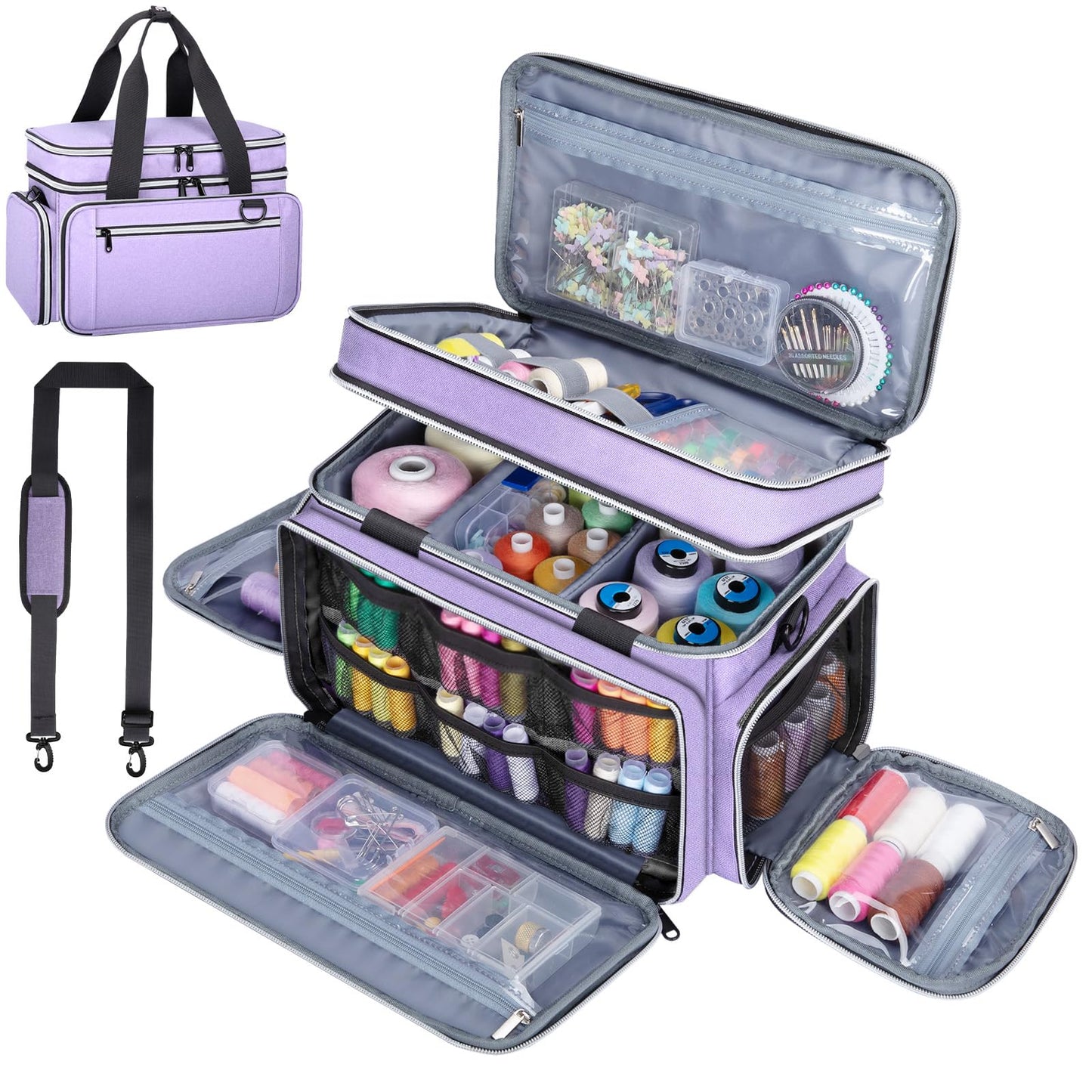 Anitor Large Sewing Supplies Organizer, Double Layer Sewing Storage Organizer with Two Detachable Dividers, Travel Sewing Bag Organizer with Shoulder Strap for Accessories, Pale Purple, (Bag Only)