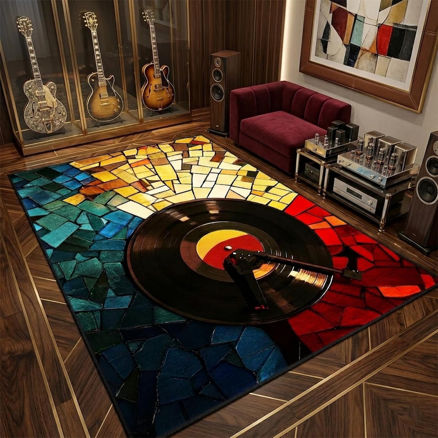 keepcute Retro Vinyl Area Rug 5x7 ft Non-Slip Carpets Record Player Carpet Decor for Living Room Bedroom Living Room Study Carpet