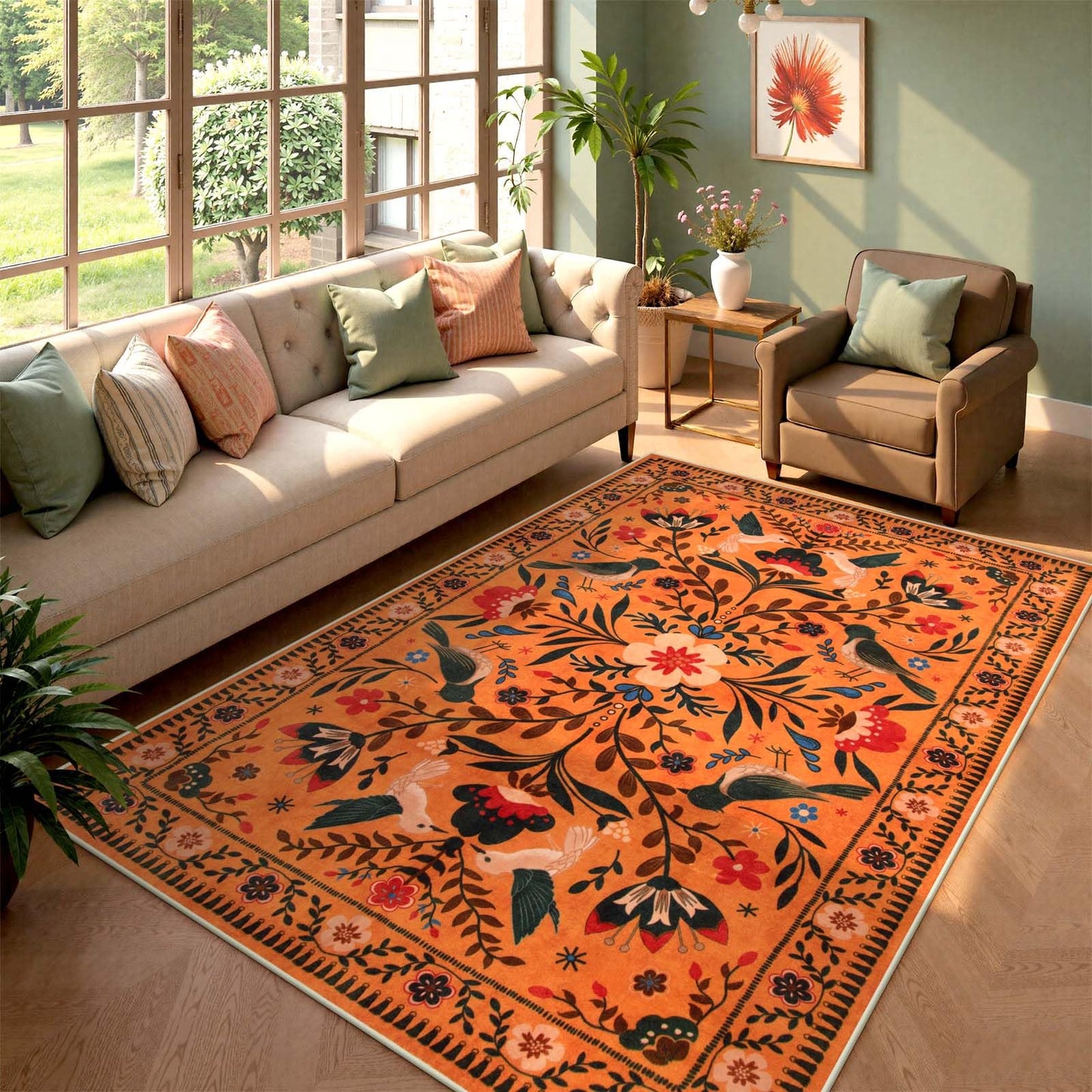 Moynesa Bedroom Rug 5x7, Washable Bohemian Scandinavian Orange Area Rugs for Living Room Dining Room Reading Coner, Modern Country Floral Bird Carpet, Fall Home Decor Non-Slip Protection