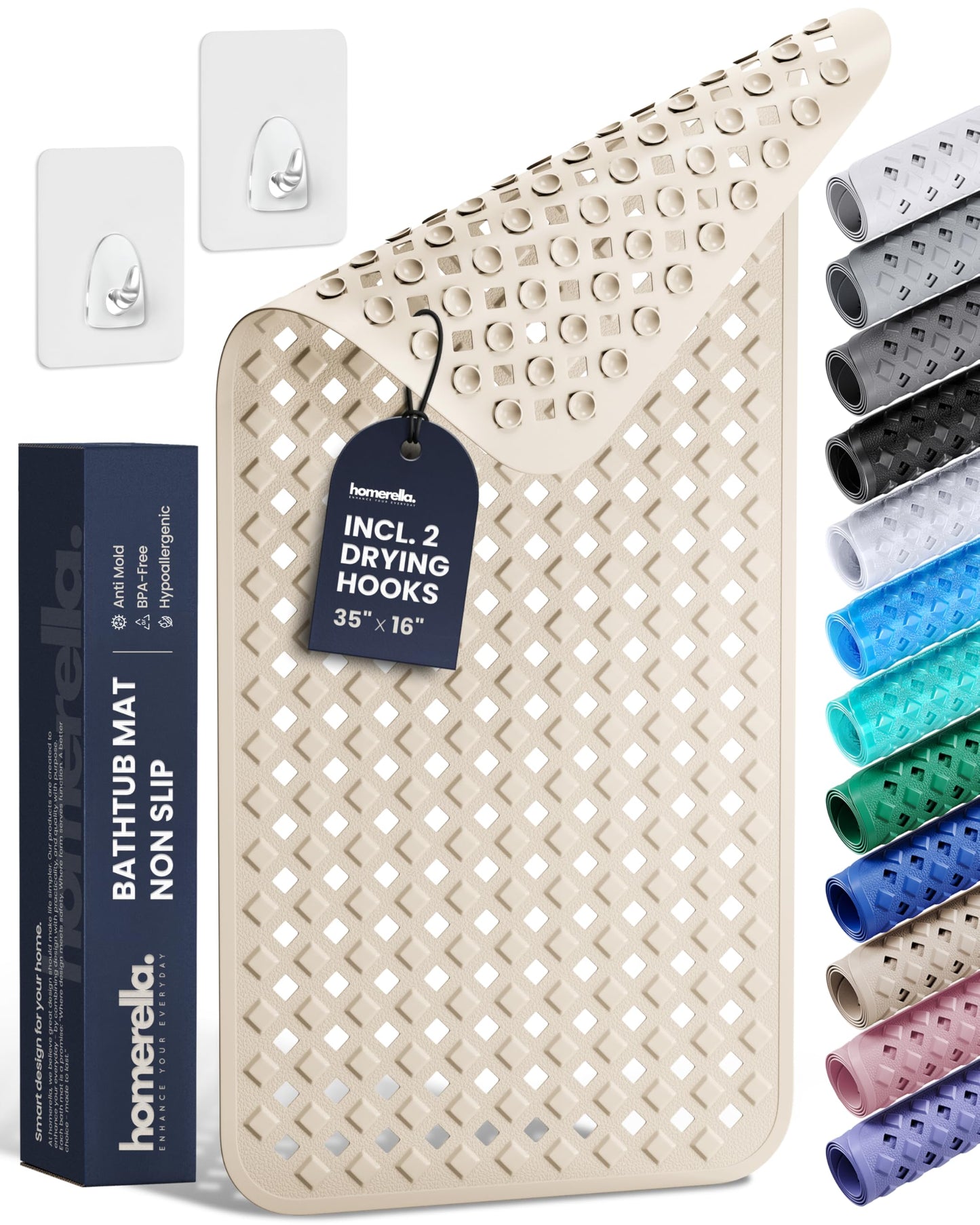 Bathtub Mat Non Slip 35x16 - homerella® Bath Mat Incl. Hooks for Drying, Extra Long, 100% BPA Free, Shower Mat Non Slip Anti Mold, Machine Washable, Shower Mats for Inside Shower Mildew Resistant