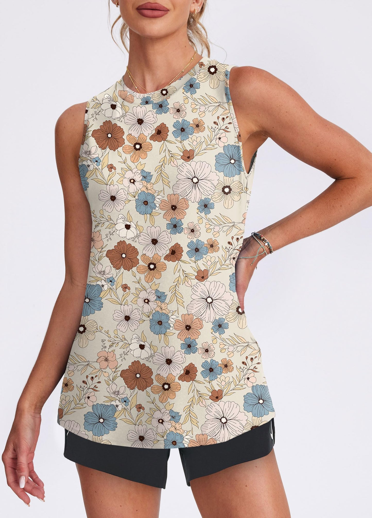 Womens Summer Tops Workout Tank Tops for Women Running Loose Fit Yoga Tops Active Floral Shirts L