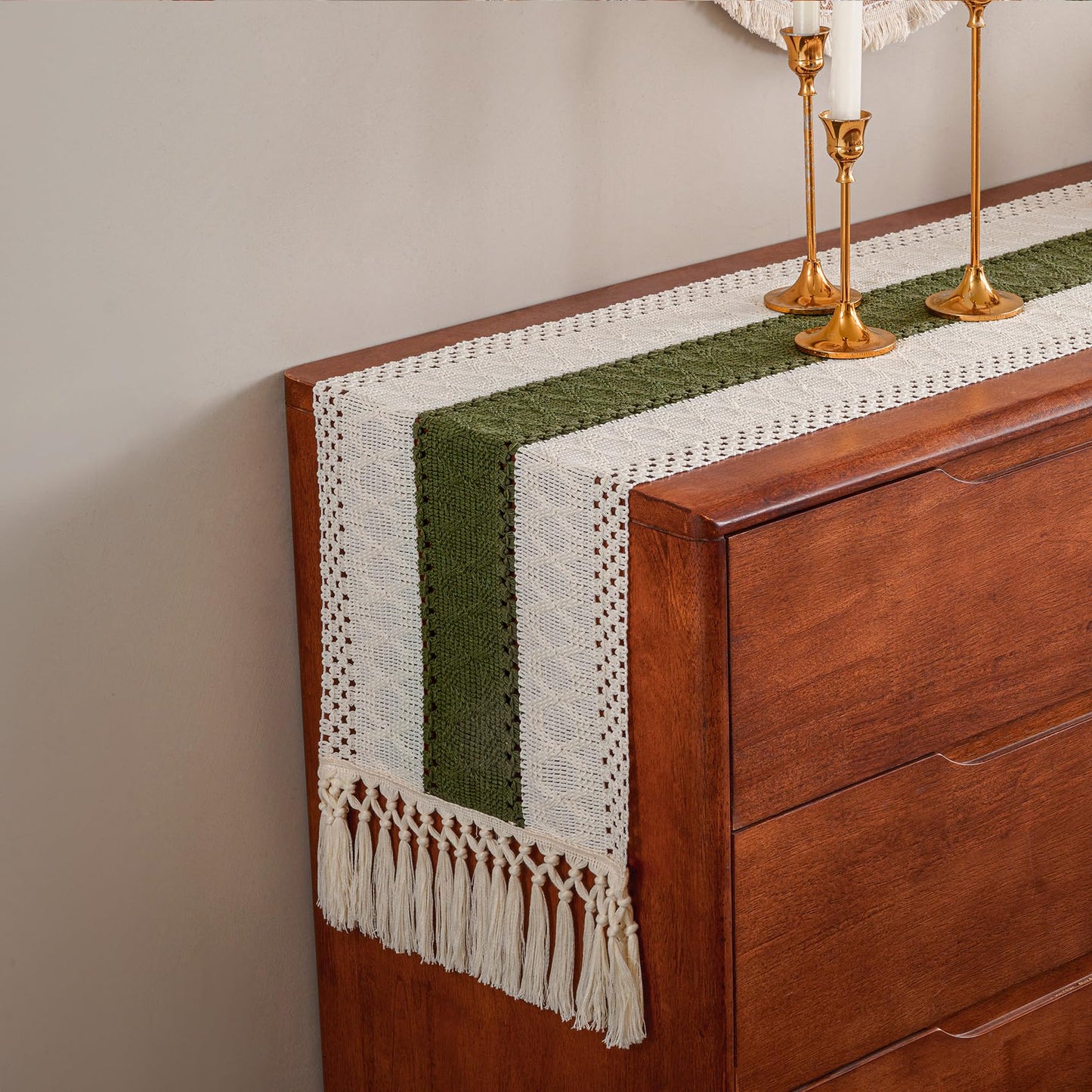 duduta Sage Green Spring Macrame Table Runner 72 inch Long, Farmhouse Boho Dresser Covers Coffee Table Decor