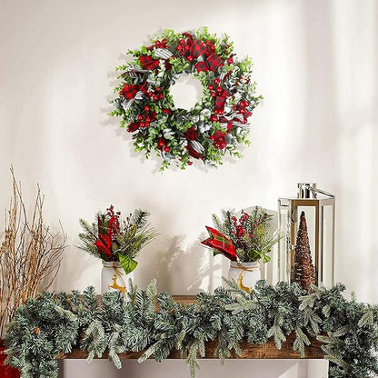 MTSCE Christmas Wreath, Front Door Decoration Wreath Winter Garland Artificial Wreath for House Party Outdoor Indoor Red Black Plaid Wreath-18 Inch