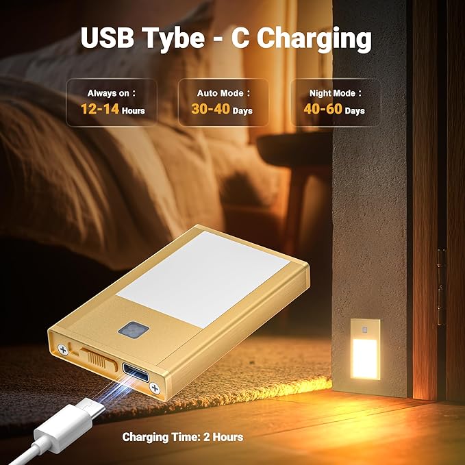 Rechargeable Motion Sensor Night Lights, 8-Pack - Painted Gold Aluminum Alloy, Ultra-Compact Magnetic Mount, 3000K Warm White Glow, Ideal for Hallways, Bedrooms, Stairs & Nightly Use