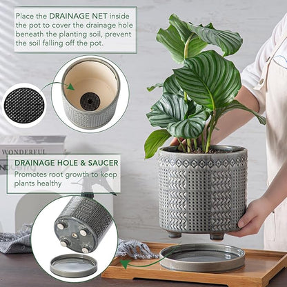 Indoor-Outdoor Ceramic Plant Pots: 8 Inch Flower Pots with Drainage Hole & Saucer - Decorative Ceramic Pots for Plants Herbs Succulents - Home Garden Patio Lawn Use (Grey)