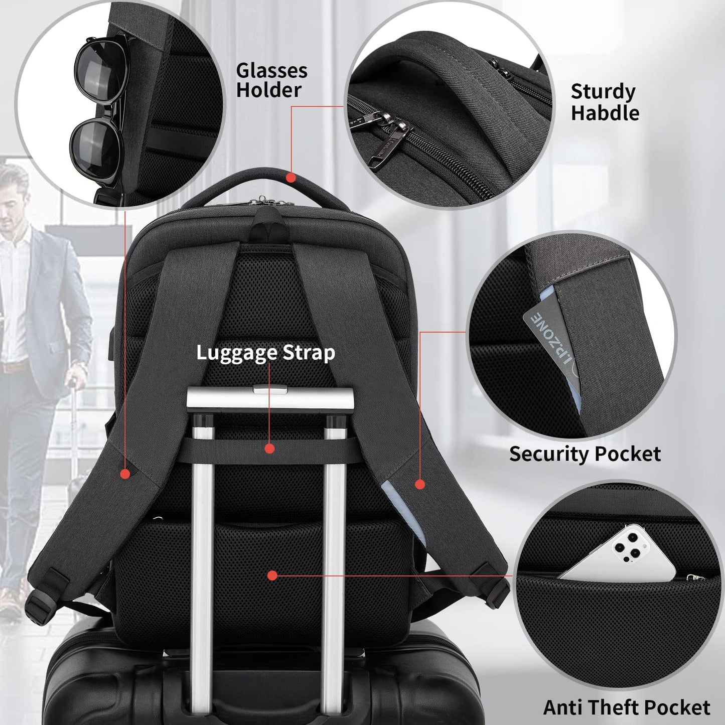 DUSLANG 17 Inch Laptop Backpack for Travel Water Resistant College Backpack for Men Women Laptop Bag with USB Charging Port Tablet Sleeve Bag, Black