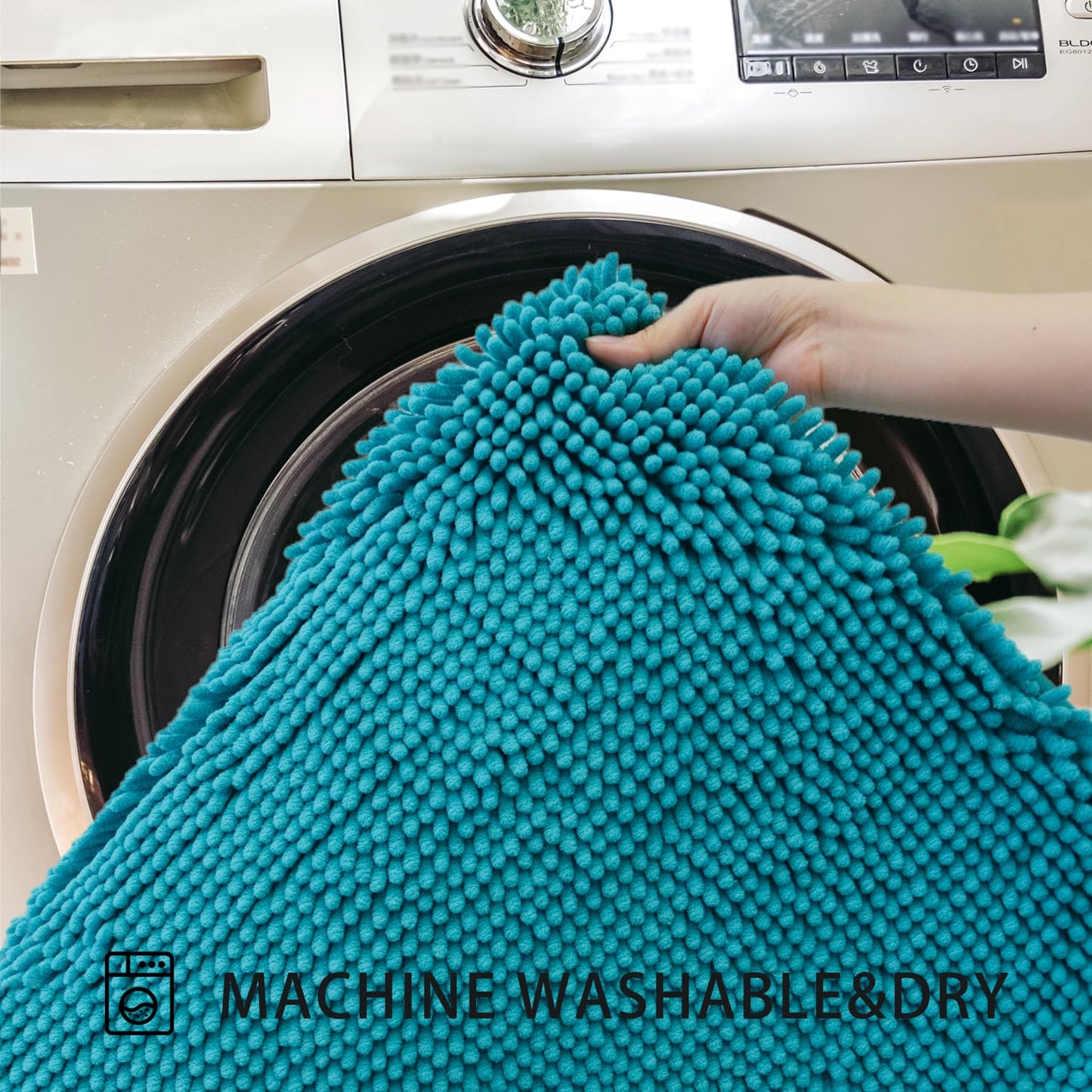 AINAHYVA U-Shaped Toilet Rug, Chenille Contour Bathroom Mat, Non-Slip PVC Backing, Machine Washable, 20x20, Aqua Blue