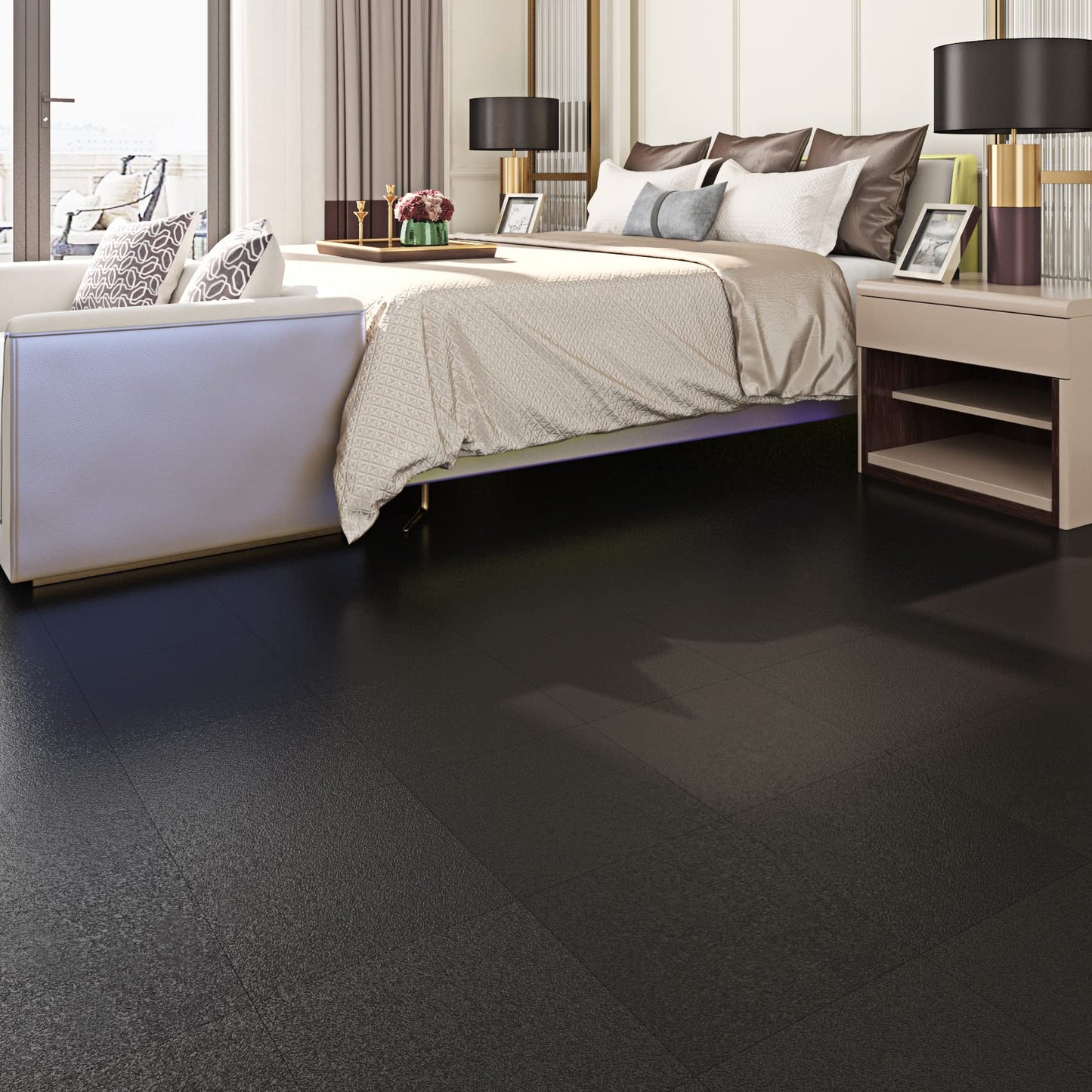 Livelynine Matte Black Peel and Stick Floor Tile Bathroom Floor Tiles Waterproof Stick on Tiles for Kitchen Basement Vinyl Flooring Sticky Laminate Flooring Stickers Garage Non Slip 4-Sheet 12x12