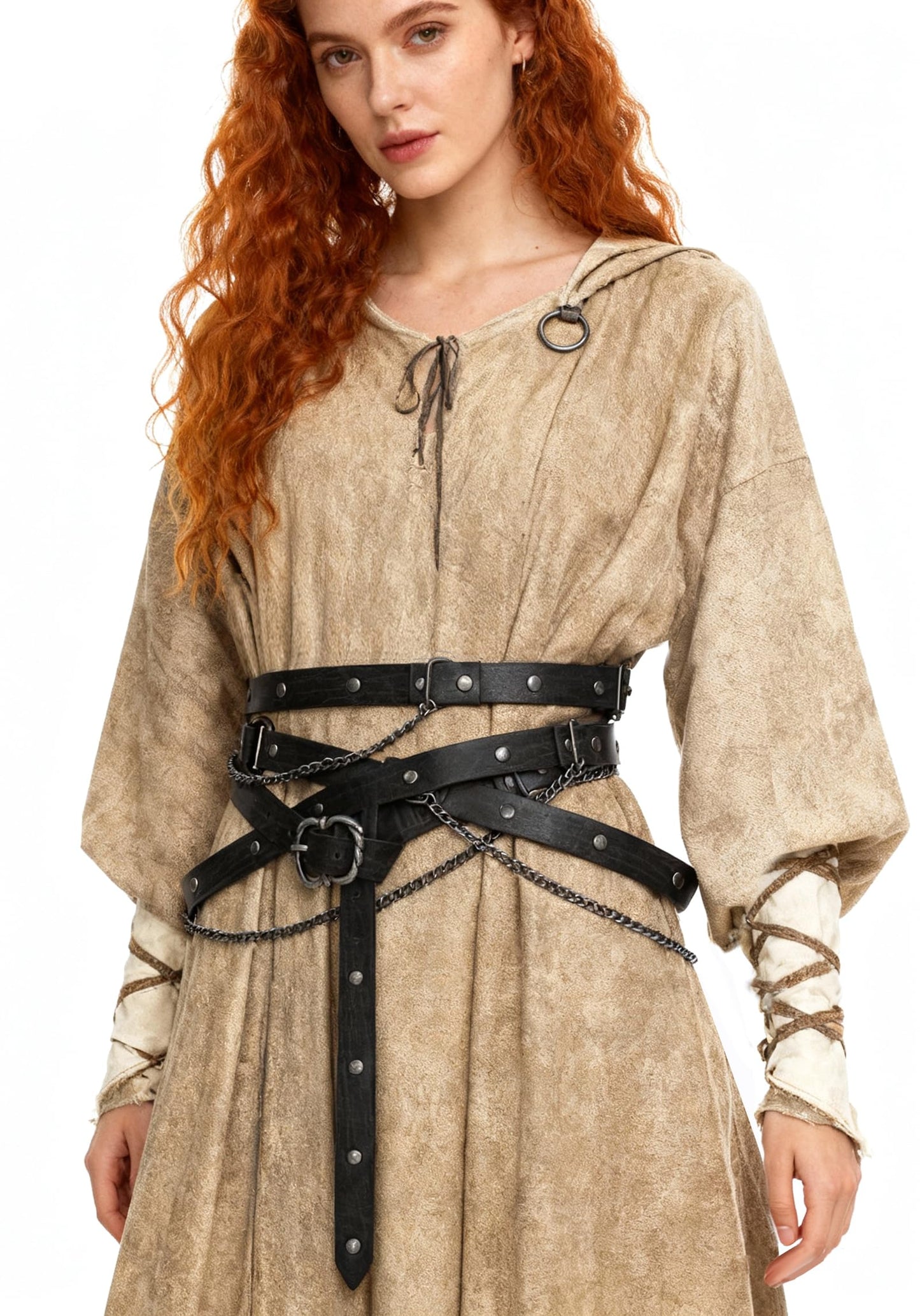 Koalswm Medieval DIY Waist Belt Adjustable Metal Chain for Women Vintage PU Belts Cosplay Renaissance (Black)