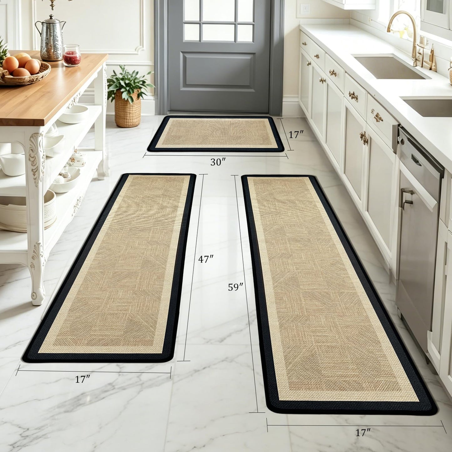 winolive Kitchen Mat Kitchen Rugs Sets of 2 PCS,Neutral Braided Kitchen Mats for Floor,Thick Rubber Backing and Comfort Standing Runner Rugs,Anti Fatigue,Machine Washable,Beige,17"x30"+17"x47"