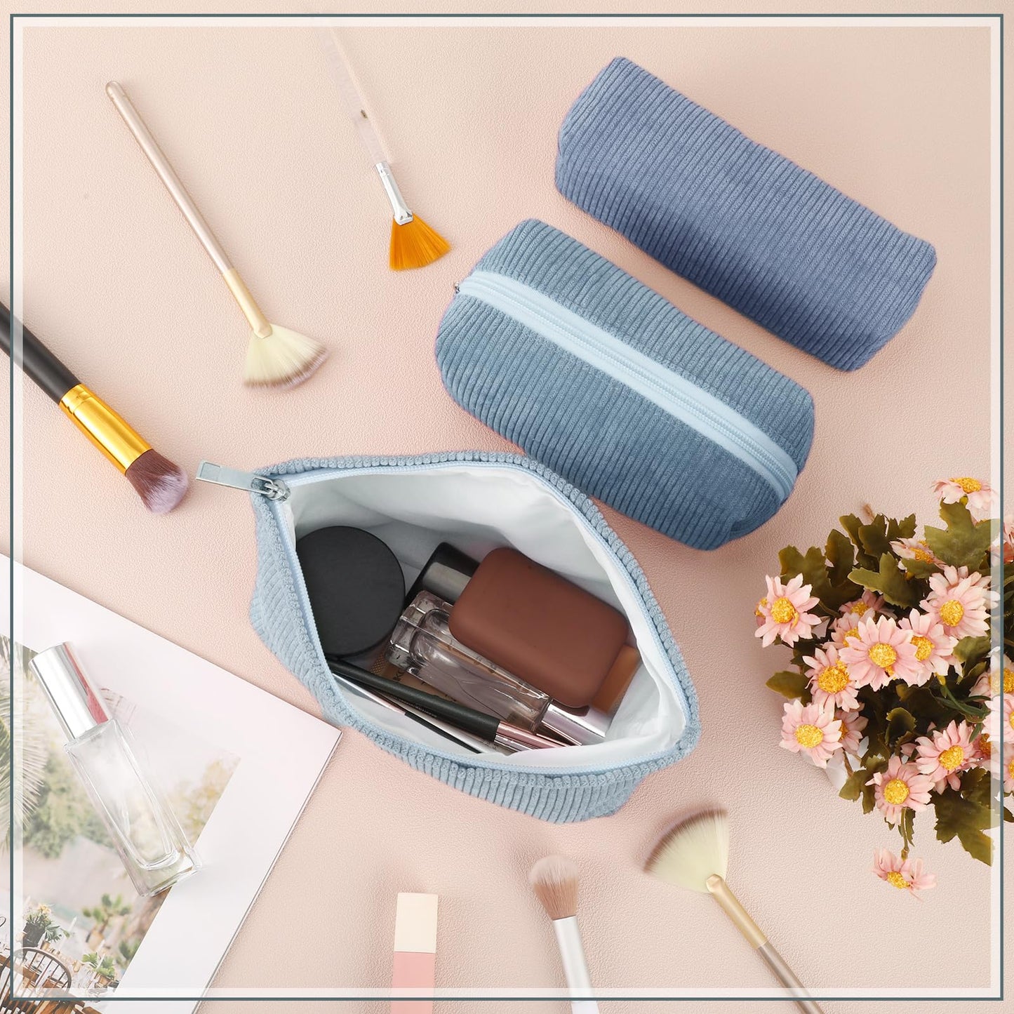 Huhumy 3 Pcs Makeup Bag Set for Women Corduroy Cosmetic Pouch Aesthetic Smile Travel Toiletry Bag Cute Purse Pouch Pencil Case Makeup Brushes Storage Organizer with Zipper(Blue,Gradient)