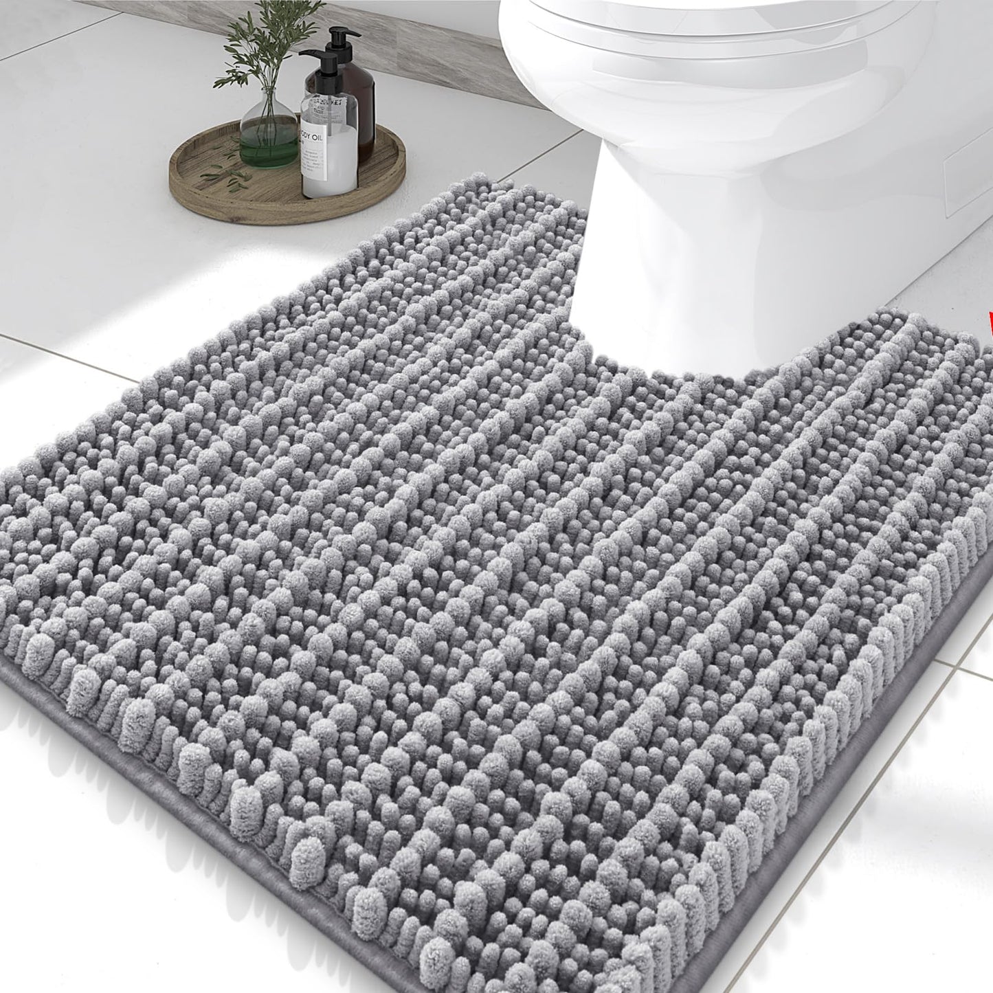 Smiry Bathroom Toilet Rugs U Shaped 24x20, Extra Soft Absorbent Non Slip Rubber Backing Chenille Contour Bath Rugs for Toilet, Machine Washable Contoured Bath Mats, Grey