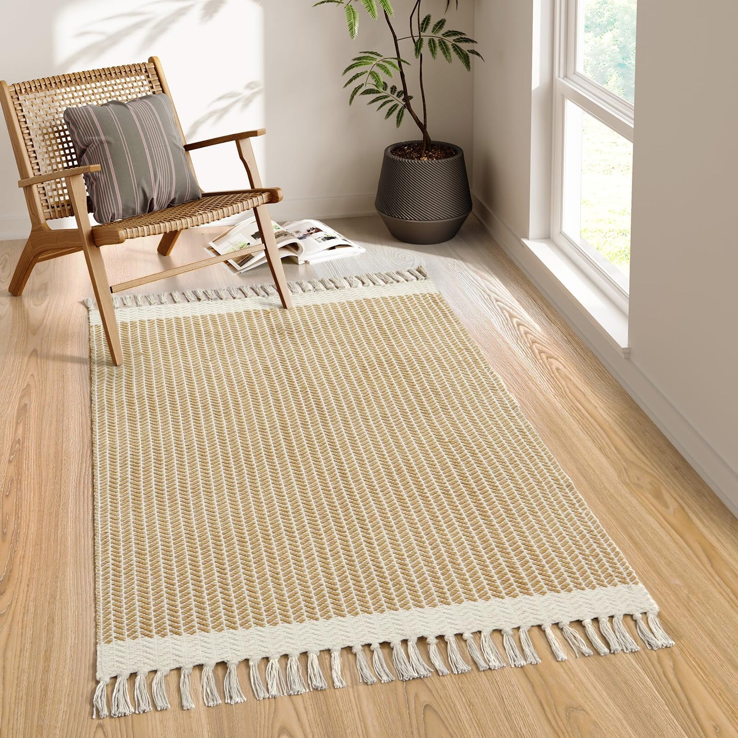 Lahome Belle Boho Rugs for Bedroom, 3x5 Bathroom Rug Lightweight Farmhouse Woven Area Rug with Tassels, Throw Rugs Washable Kitchen Rug Non Shedding Indoor Door Mats for Entryway Living Room, Khaki
