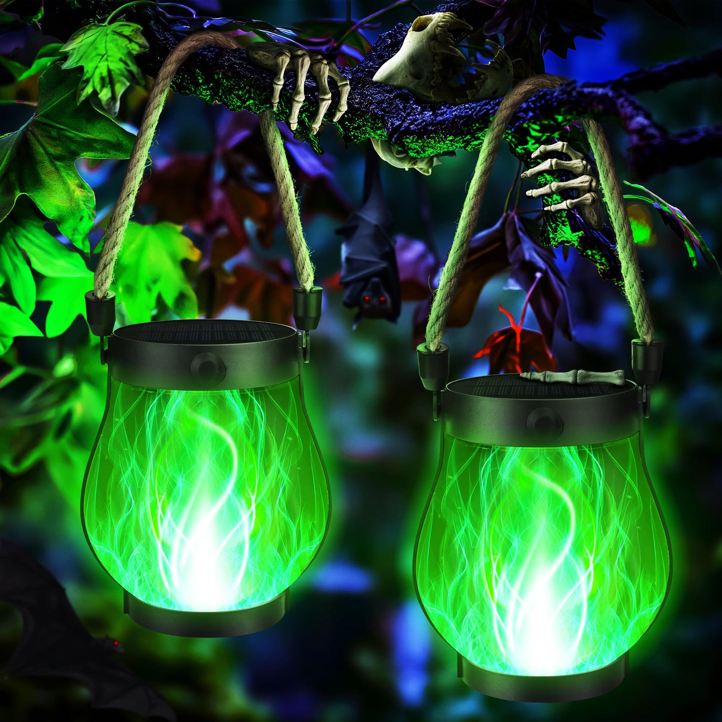 Jyoiat Solar Flame Lantern Hanging Outdoor Waterproof - 2 Pack Flame Lanterns with Dual Charging Modes of Solar & USB for Garden or Yard Decorations (Green - 2 Pack)
