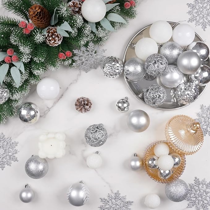 SY CRAFT 86 Pieces of Assorted Shatterproof Christmas Ball Snowflake Ornaments Seasonal Decorative Hanging Ornament Set with Hand-held Gift Package for Xmas Tree Decorations (86PCS, Silver)