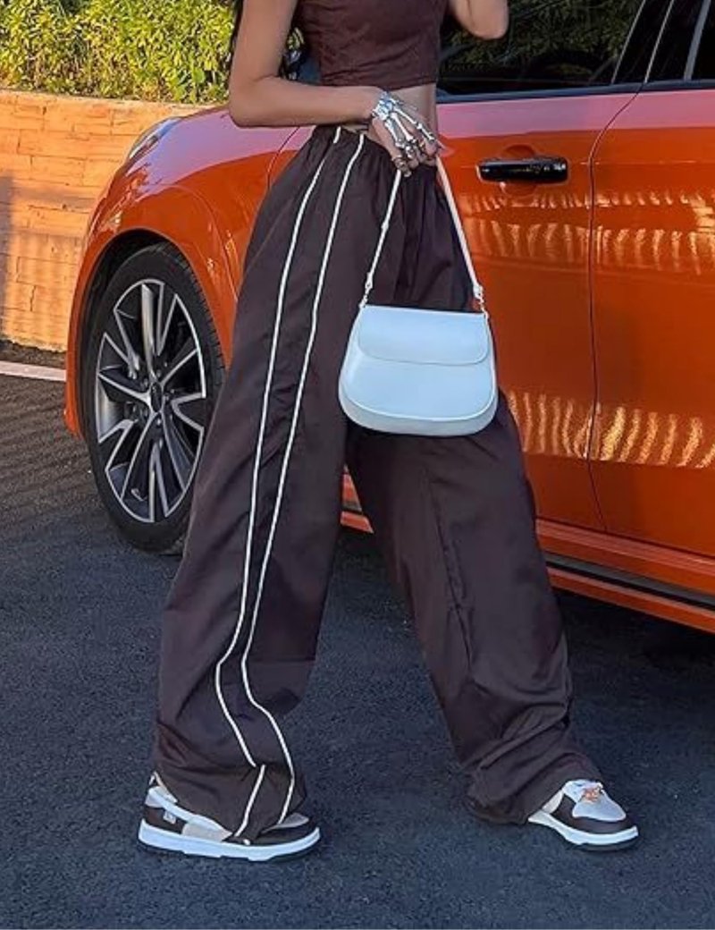 Shebote Womens Parachute Pants Wide Leg Baggy Y2K Elastic Waist Jogger Sweatpants Track Pants Streetwear(0046-Coffee-M)