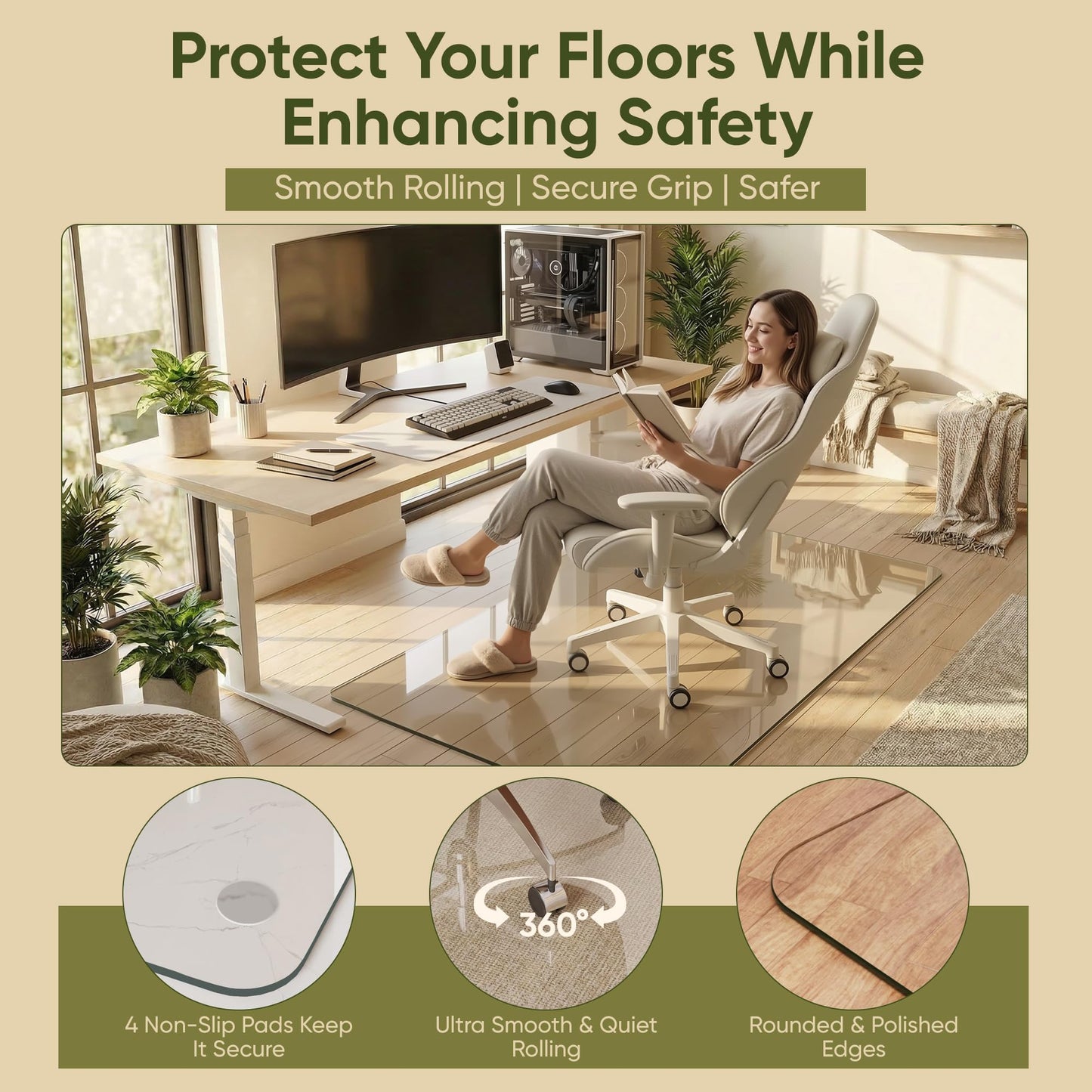 Furnbar Tempered Glass Chair Mat for Hardwood Floor, 36" x 48" Heavy Duty Glass Office Chair Mat, for Low Pile Carpet, 0.2" Thick with 4 Non-Slip Pads, Smooth Rolling for Home & Office