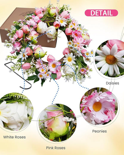Spring Summer Wreath for Front Door 20”, Artificial Flower Door Wreath with Pink White Roses Tulip Dasiy Wreaths with Hook for Windows Wall Deco Indoor Outdoor