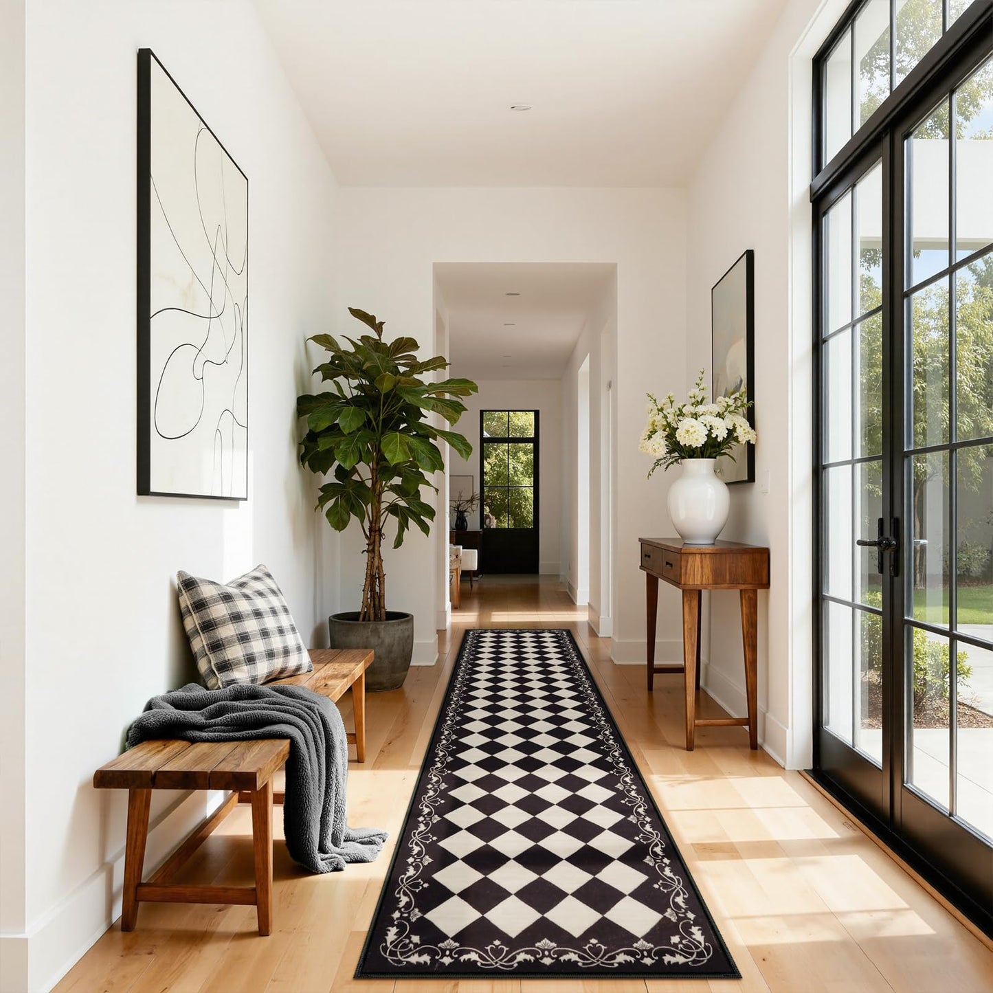 Zealude Moroccan Trellis Black and White Runner Rug 2.5x8 Washable Carpet Runners for Hallway 8ft, Soft Low Pile Checkered Bathroom Rug Gingham Print Kitchen Mordern Plaid Carpet for Bedsides Laundry