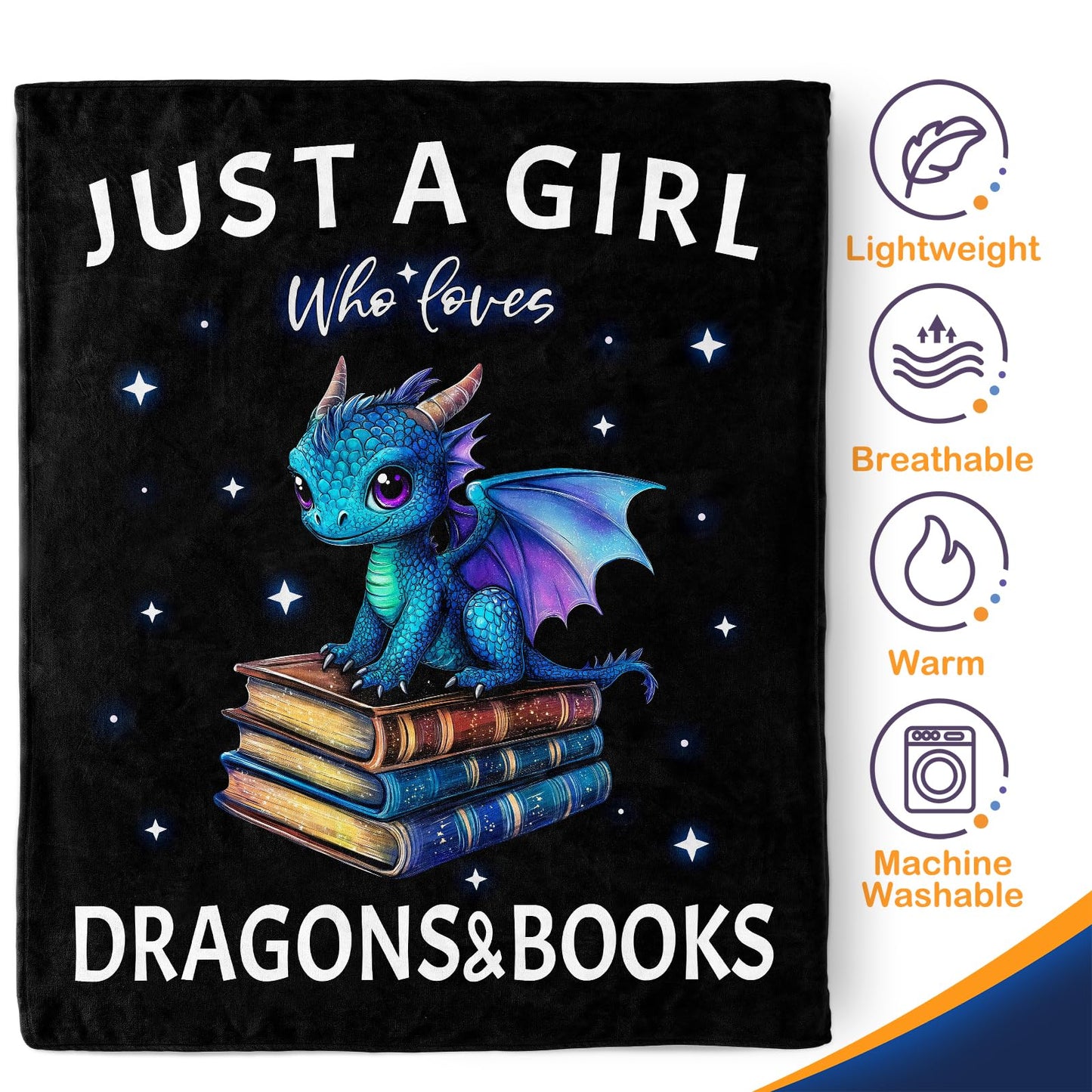 Dragon Book Blanket Gifts for Girl - Just A Girl Who Loves Books Themed Animal Lovers Throw for Woman Kids Adults Soft Fleece Cozy Bed Couch Decor Birthday Christmas Lightweight Blanket 50"x60"
