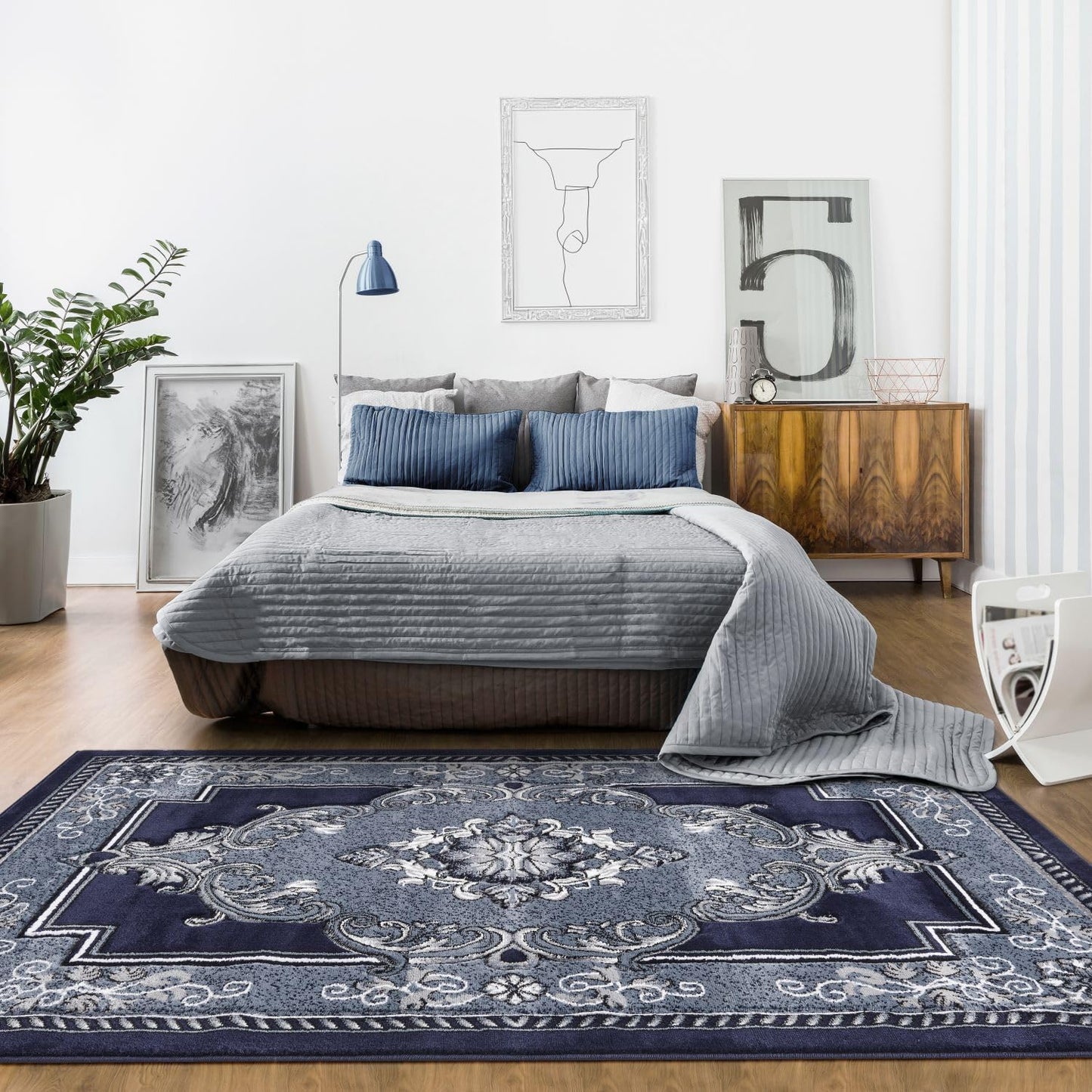 HADBA Modern 5x7 Navy Traditional Living Room Rug - Area Rugs for Living Room Dining & Bedroom - Hand Carved Runner Carpet - Durable Polyester - Non-Fade Stain-Resistant - Turkish Made