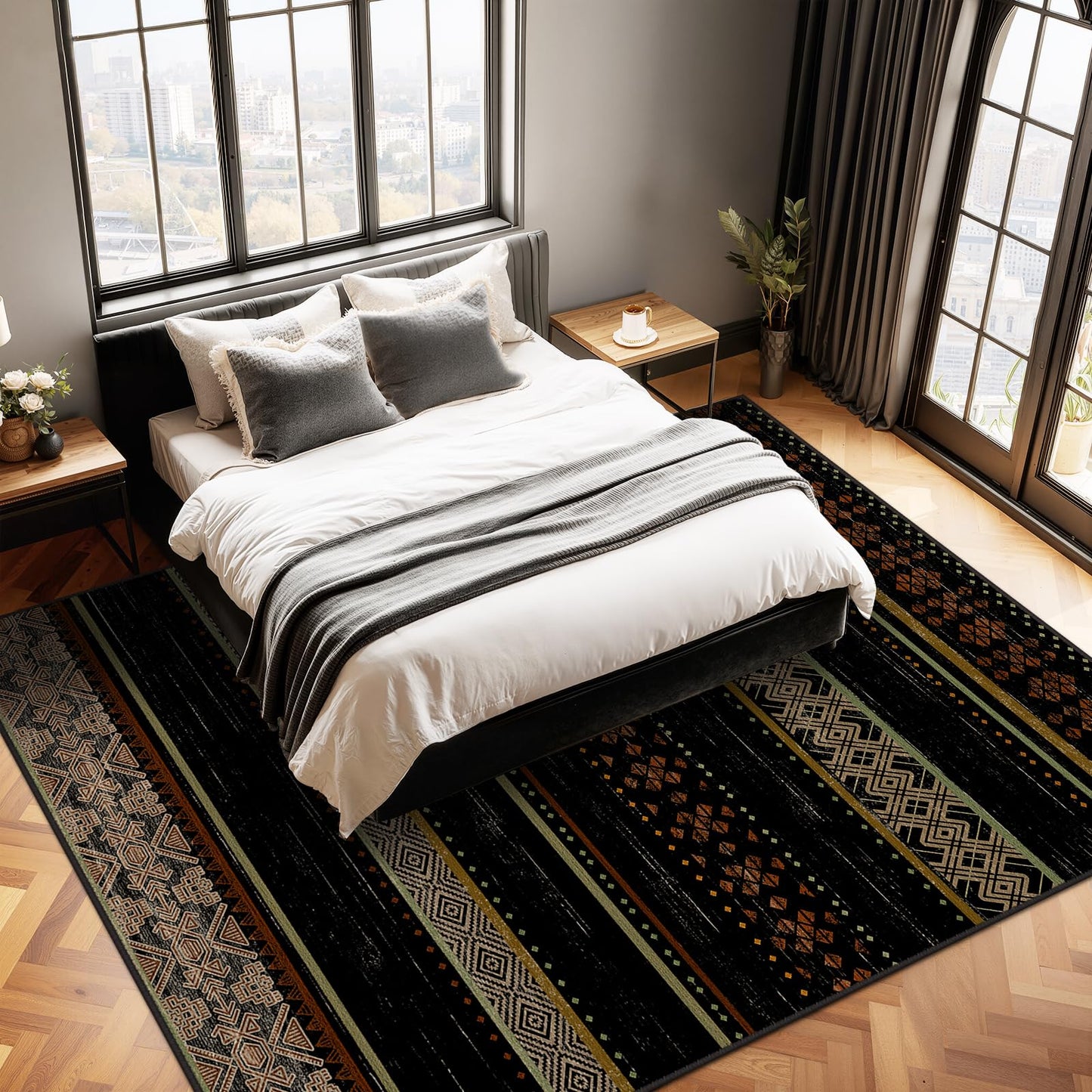 BESTSWEETIE 8x10 Area Rugs for Living Room Washable Moroccan Farmhouse Neutral Geometric Low Pile Non-Slip Soft Print Pattern Rug for Bedroom Kitchen Dining Room Entryway Black/Red/Brown/Cream/Yellow