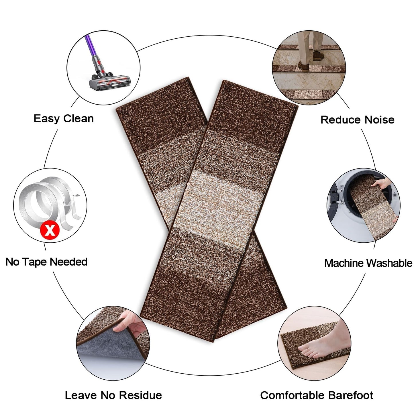 OLANLY Stair Treads Non Slip 4PCS, 8" x 30" Indoor Stair Runners for Wooden Steps, Edging Stair Rugs with Reusable Peel and Stick Adhesive for Kids Elders and Pets, Brown