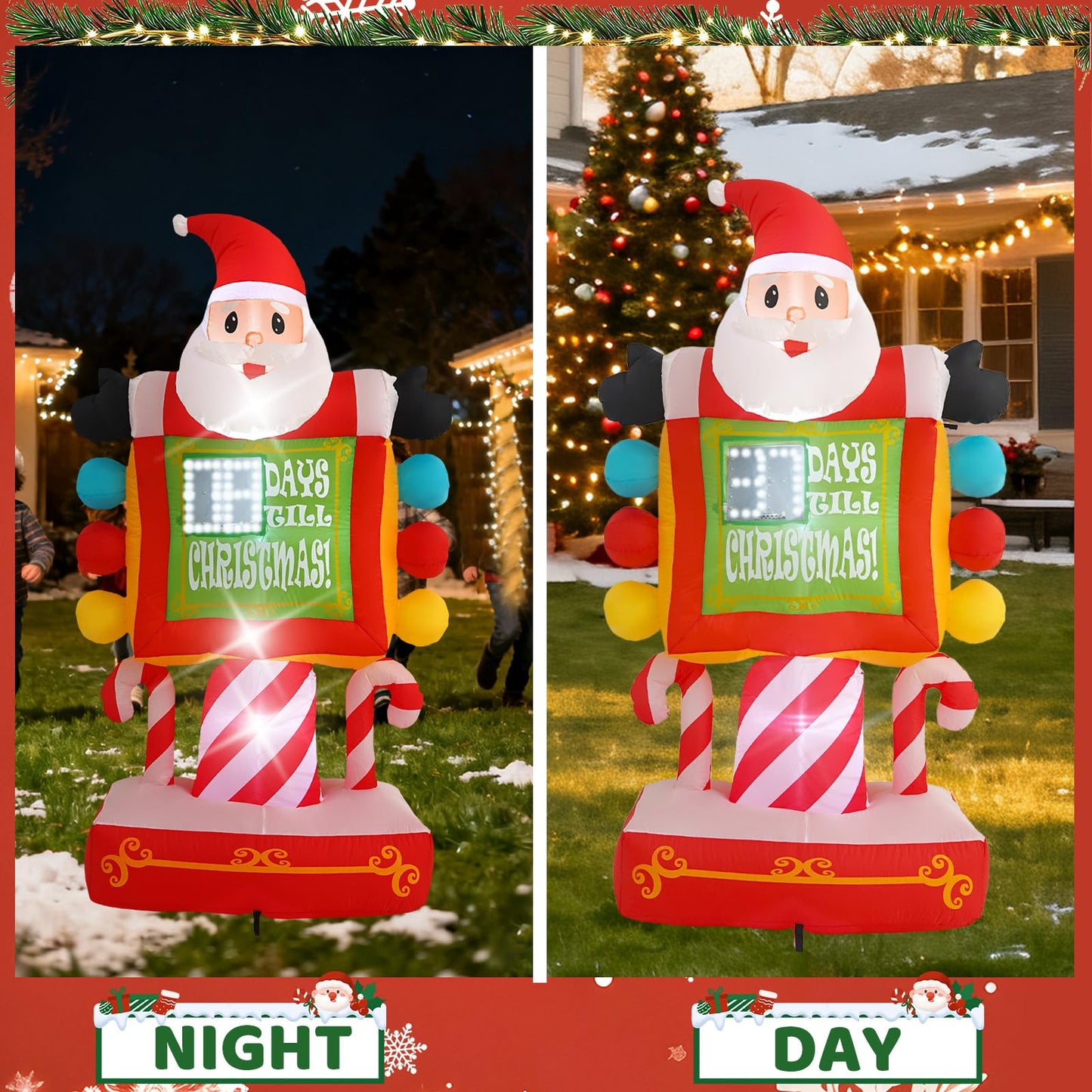 InfleasJoiy 7FT Santa Claus Countdown Street Sign Inflatable Decoration with Built-in LED Lights, Christmas Outdoor Inflatable Decoration for Lawns, Yards, Gardens, and Patios