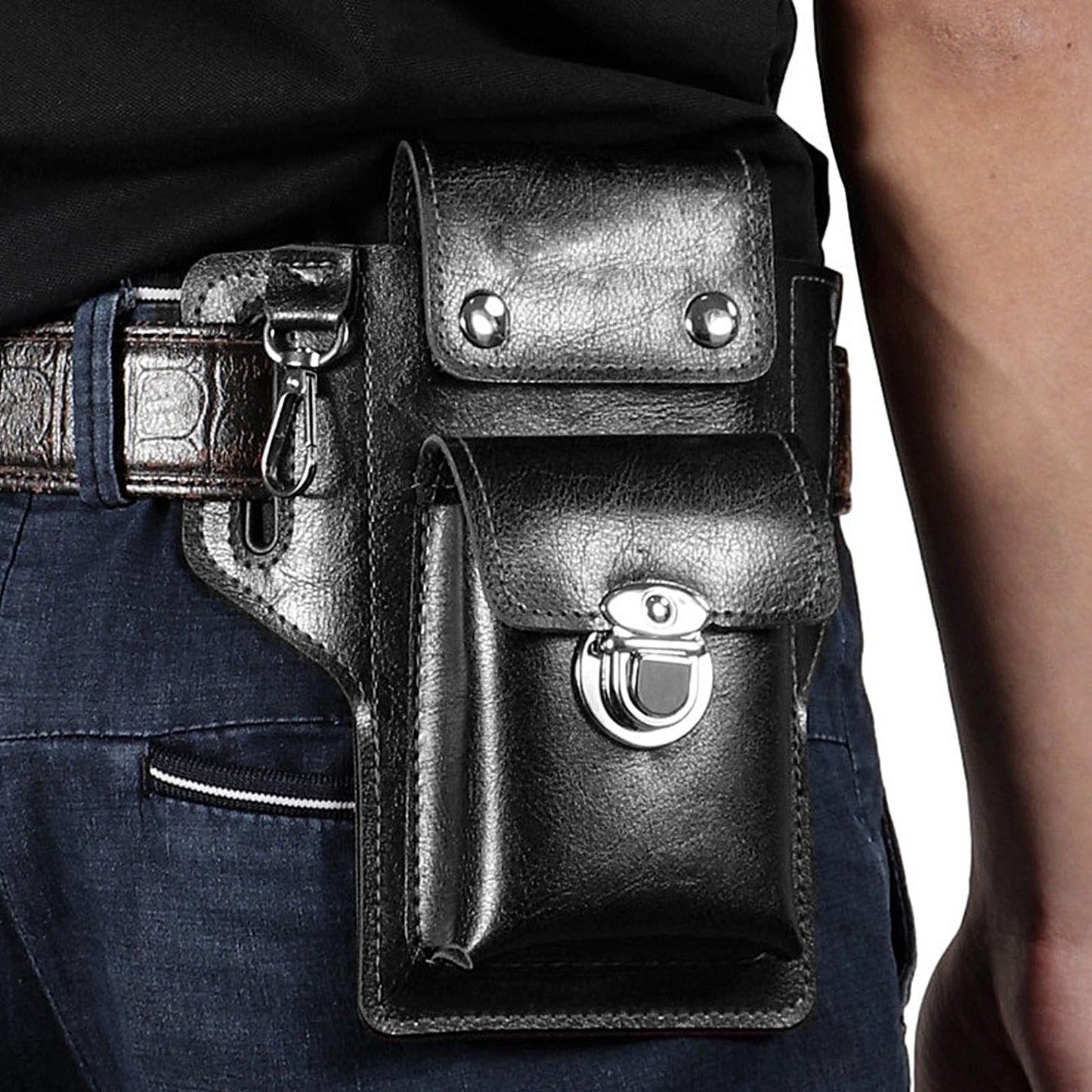 Leather Cell Phone Holster for Men, EDC Belt Pouch with Magnetic Closure & Keychain Clip, Lightweight Universal Waist Phone Case for Large Phones, Dog Walking, Travel & Hiking