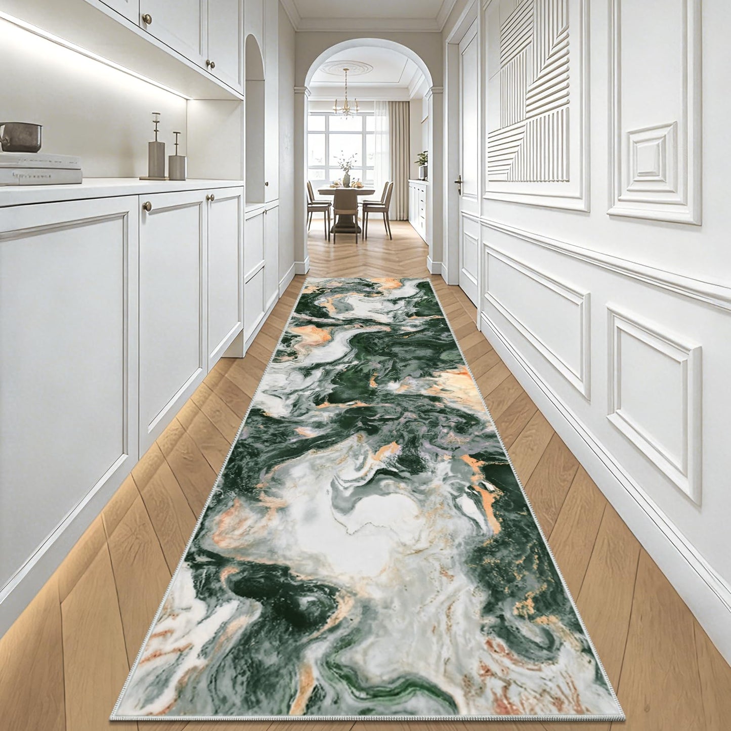 Yinhua 2x7'3 Rug Runners for Hallways, Marble Runner Rug Non Silp, Soft Abstract Kitchen Runner Rugs Non Shedding, Washable Area Rugs Green and Gold, Stain Resistant Carpet for Bathroom Entryway Hall