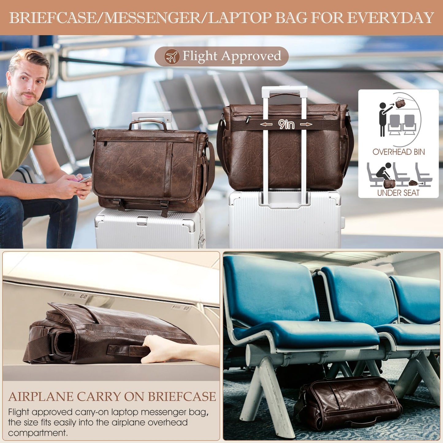 17.3 Inch Messenger Bag for Men: Laptop Bag PU Leather Work Briefcase Large Carry On Computer for Office College Travel,PU Coffee
