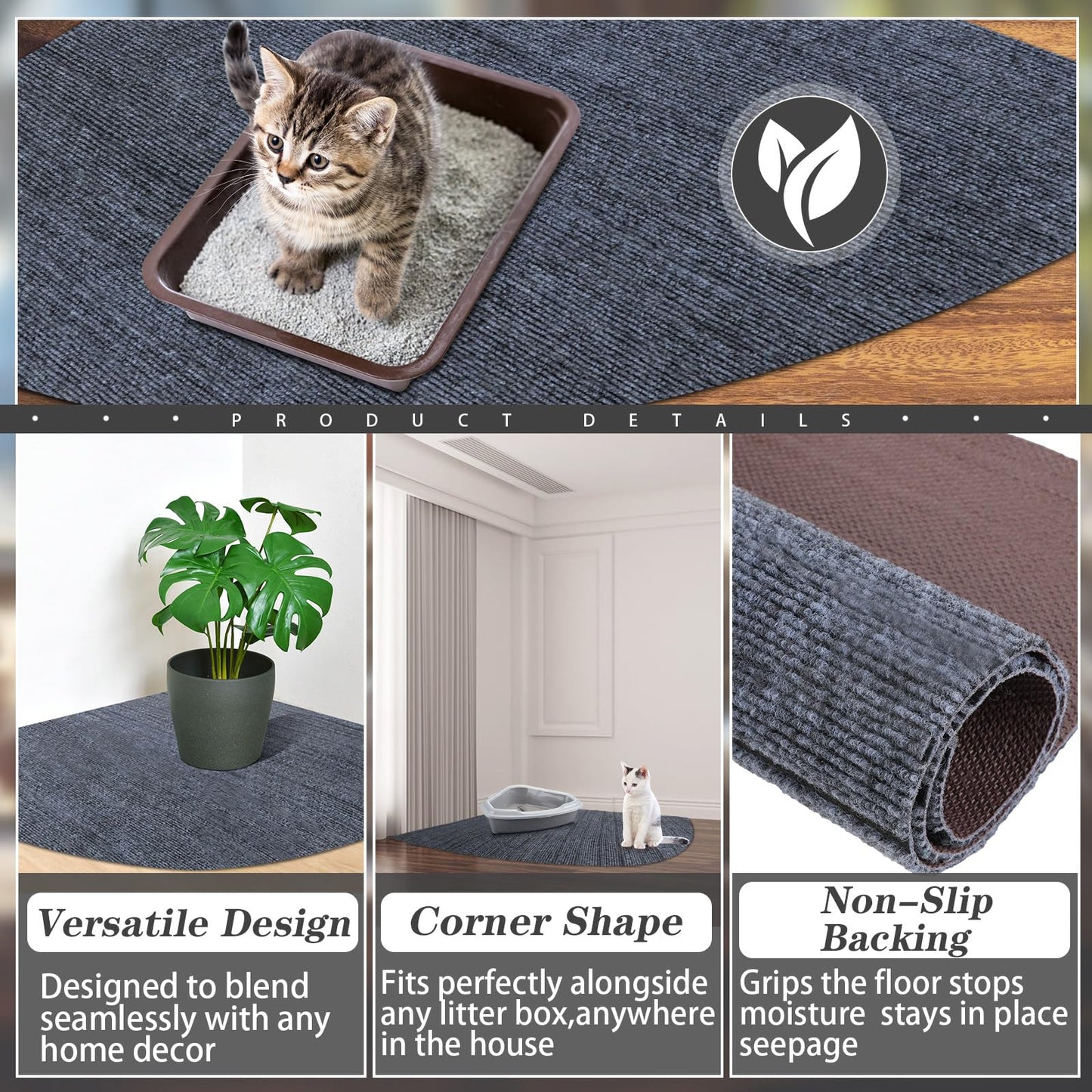 Tinideya 2 Pcs Corner Cat Litter Mat 29 Inch for Corner Machine Washable Litter Mat Ridged Design Fan Shaped Absorbent Cat Litter Rug for Box Less Waste Space(Gray)