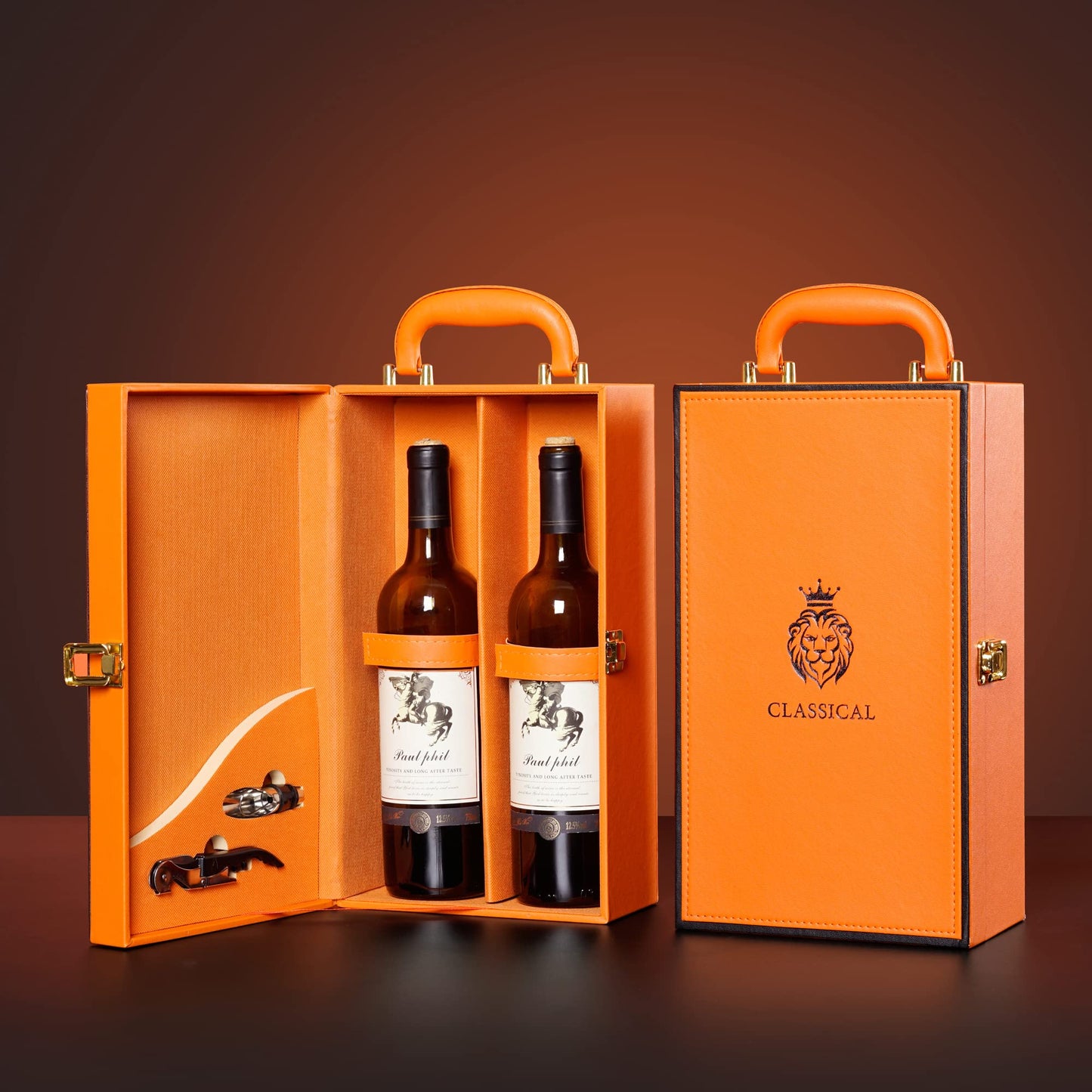 HiCrast Wine Box with 2 Bottle Leatherette Top Handle Premium Wine Carrier Case Orange