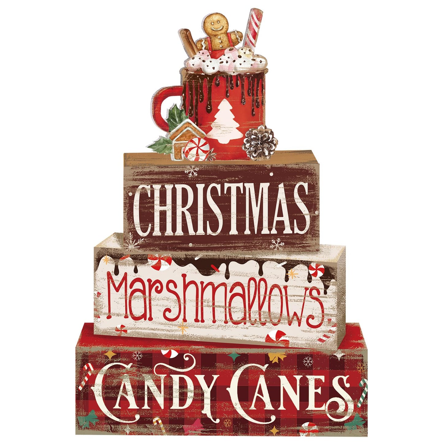 Moucuny 4 Pcs Christmas Hot Cocoa Table Decor Christmas Wooden Decorative Signage Hot Cocoa Tiered Tray Decor Xmas Centerpieces Farmhouse Wooden Block Set Xmas Table Sign for Home