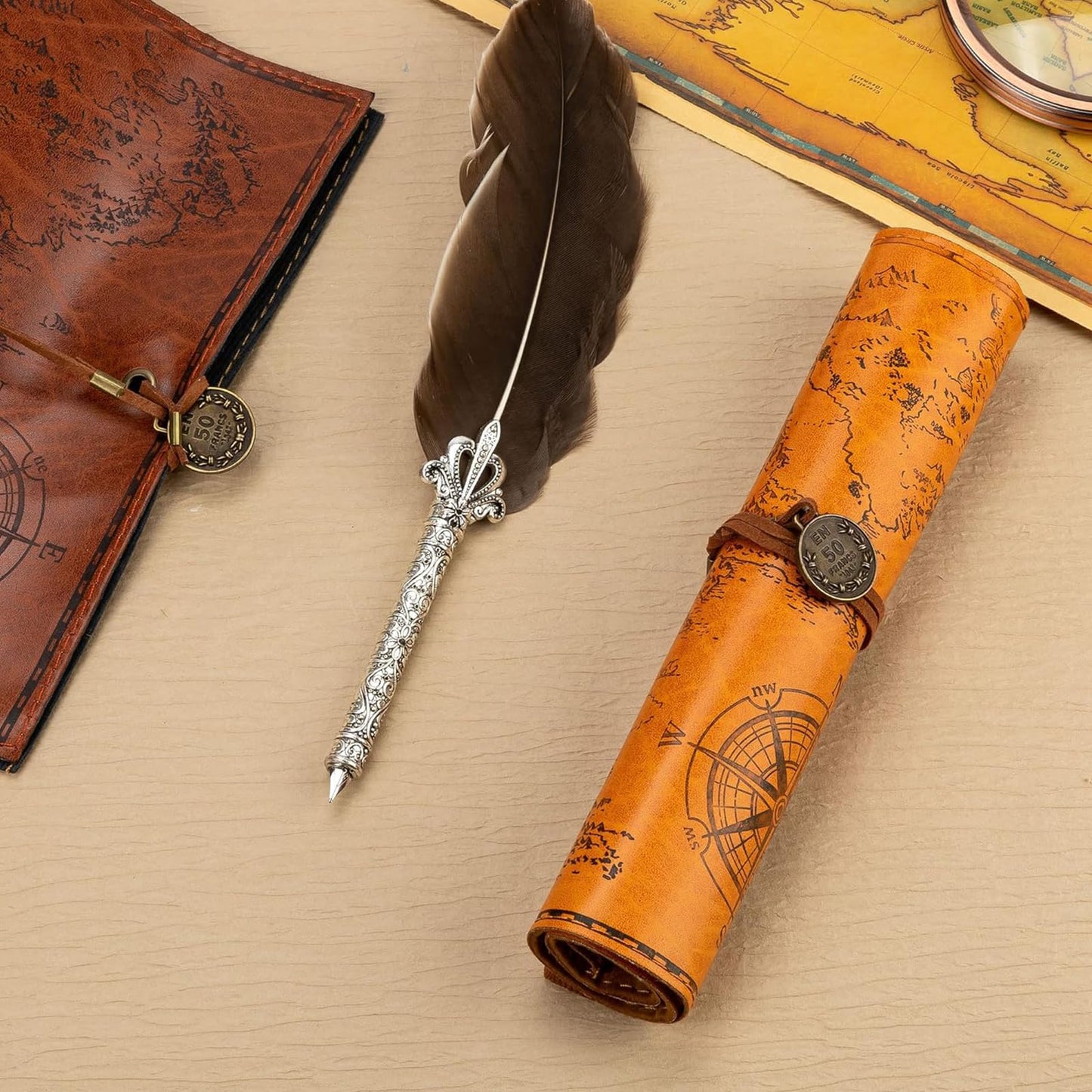 Glavatrix 4 Pieces Leather Pencil Case, Creative Map Rollup Pencil Bag, Vintage Makeup Brush Pouch, Brown PU Matte Smooth Cover Storage Pouch Holder Organizer