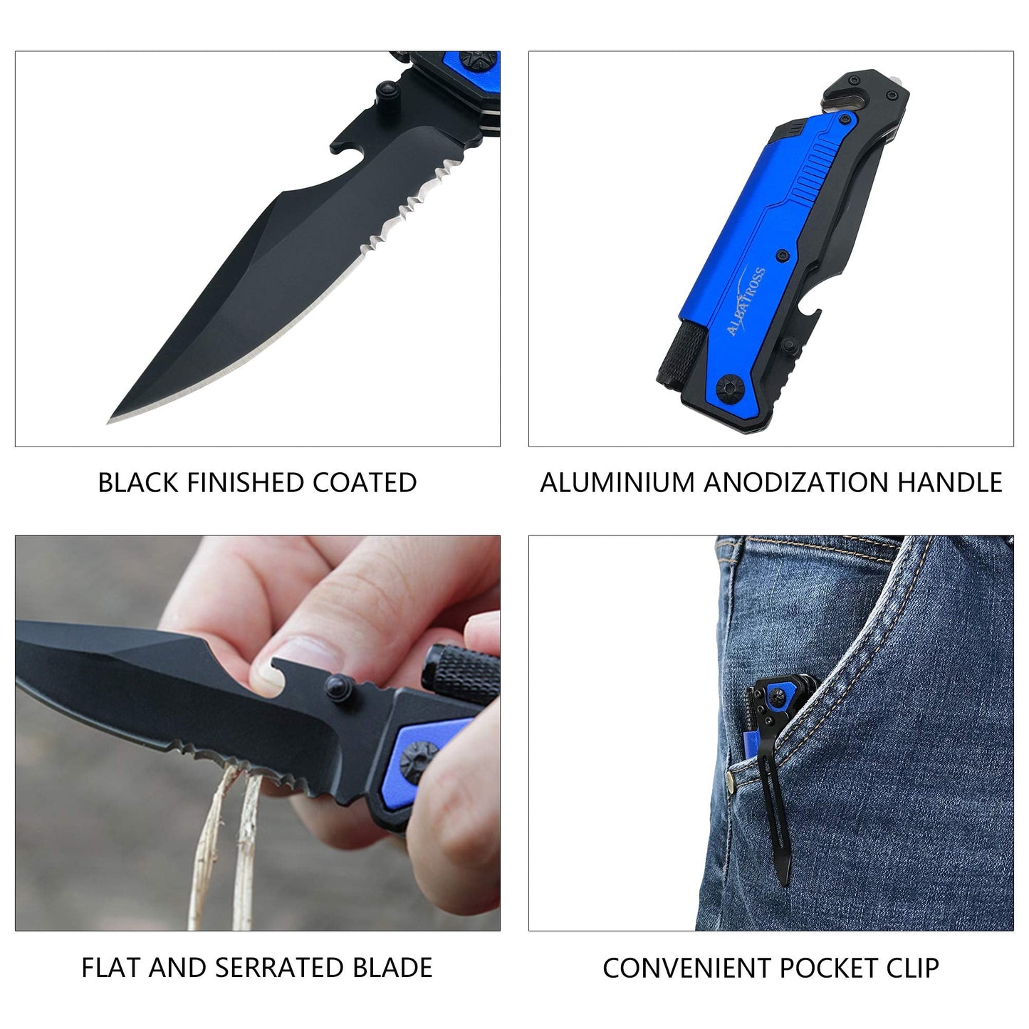 ALBATROSS 6-in-1 Survival Tactical Military Folding Pocket Knives with LED Light,Seatbelt Cutter,Glass Breaker,Magnesium Fire Starter,Bottle Opener;Multi-Function Emergency Tool(Blue)